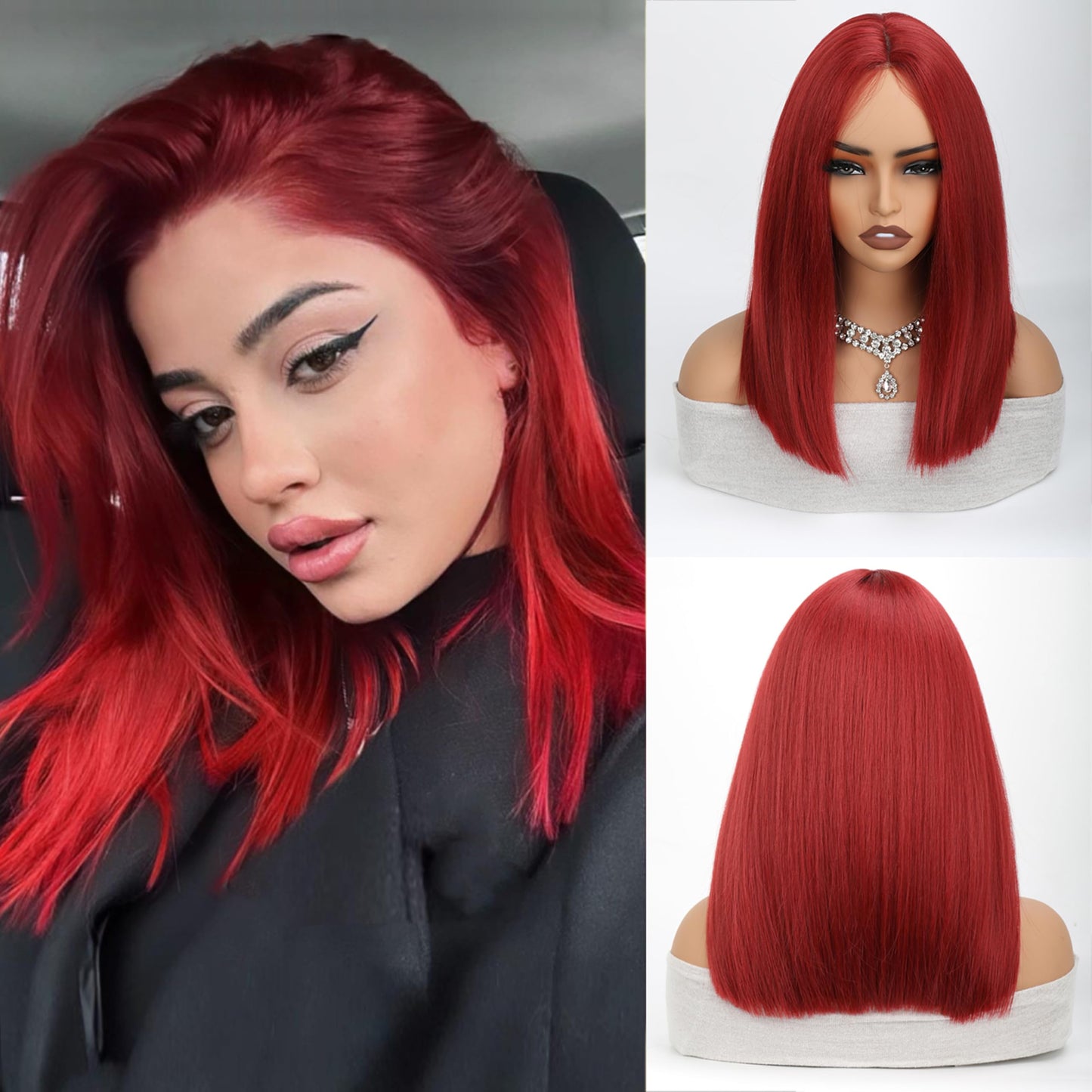 XC CLOUDS Glueless Straight Wigs For Black Women Lace Frontal Hair Wig with Middle Part Simulated Scalp Medium Length Bob Wigs for Halloween or Daily Synthetic Hair Lace Wig
