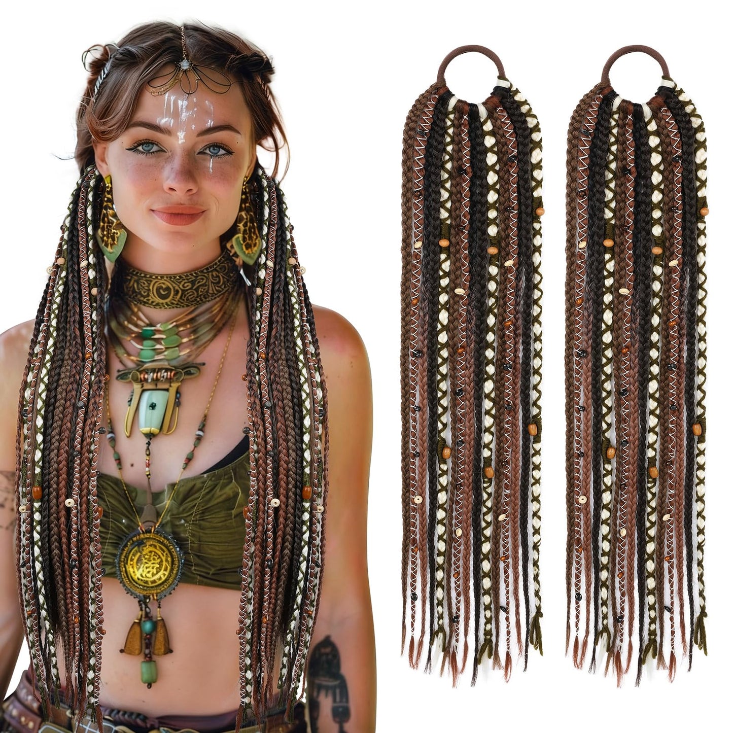 Boho Braided Ponytail Extension with Hair Tie, 24" Long Viking Dreadlock Beads Ponytail Hand-braided Braids Hair Extensions Lightweight Natural Synthetic Hairpiece for Festival Cosplay