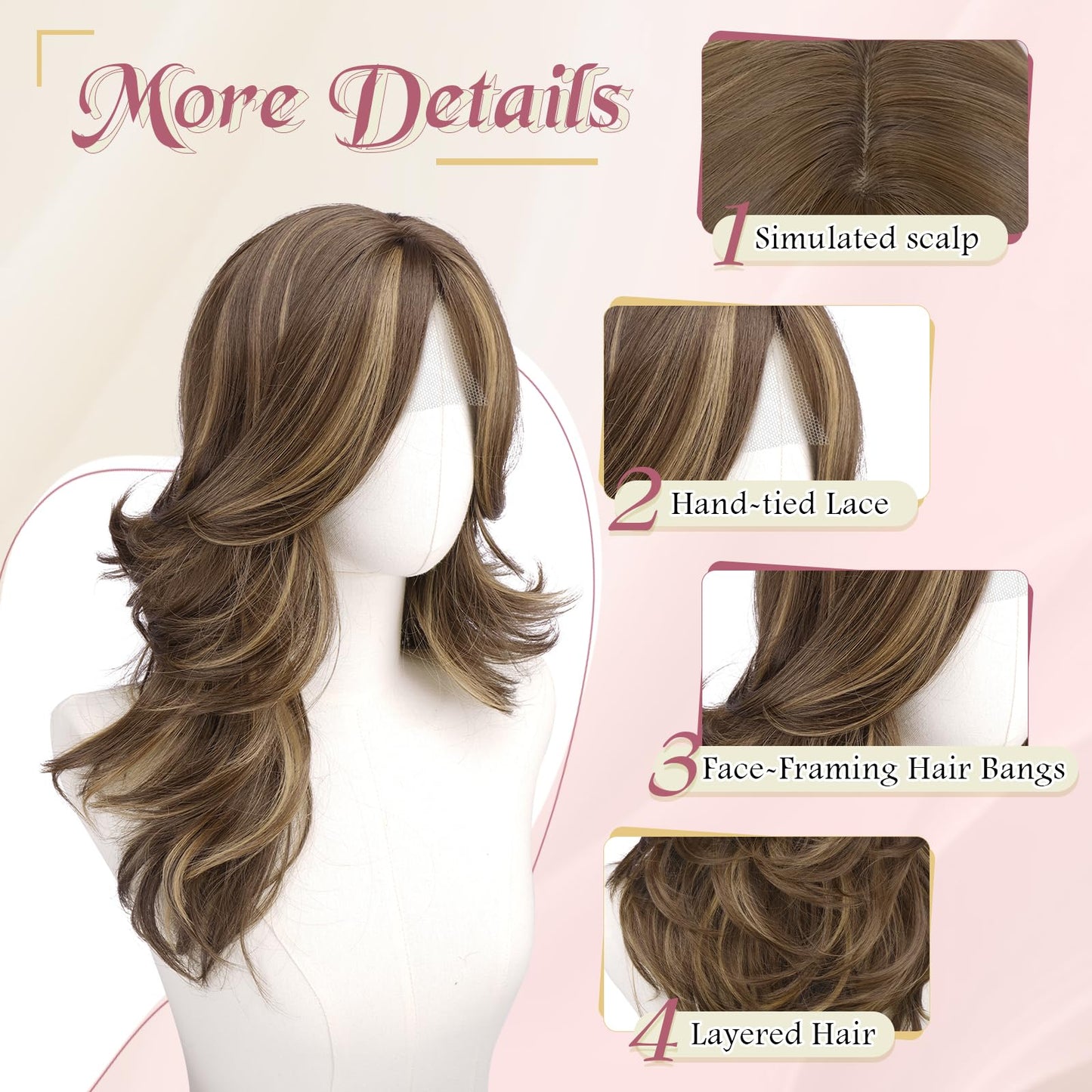 Layered Wigs with Curtain Bangs Lace Front Hairline Long Wavy Natural Looking Middle Part Synthetic Hair Wig for Women Daily Party Costume, 20 Inch