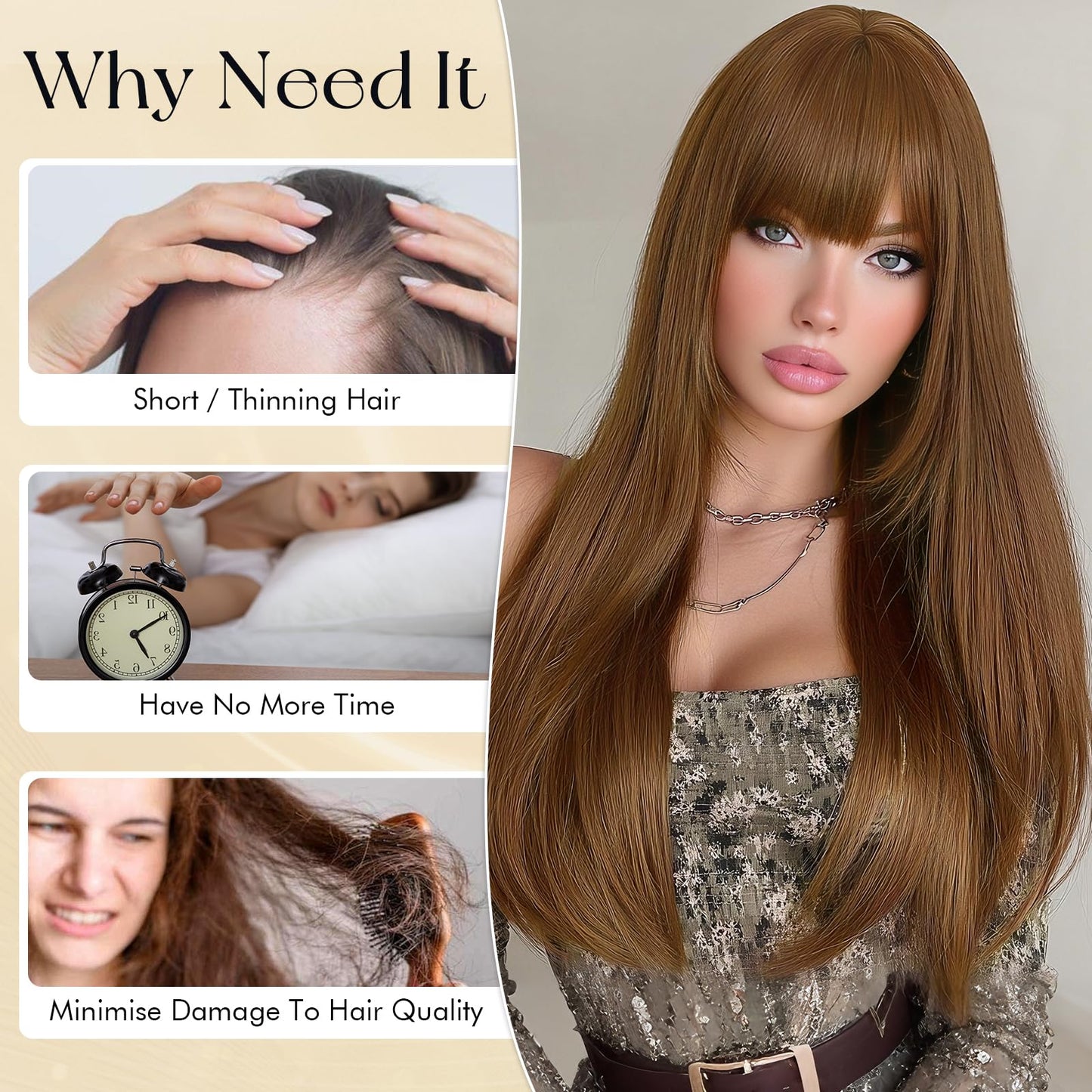 Wig with Bangs, 24 Inch Long Straight Wigs for Women, Heat-Resistant Synthetic Fibre Wigs for Daily Commuting Dates Holidays Cosplay