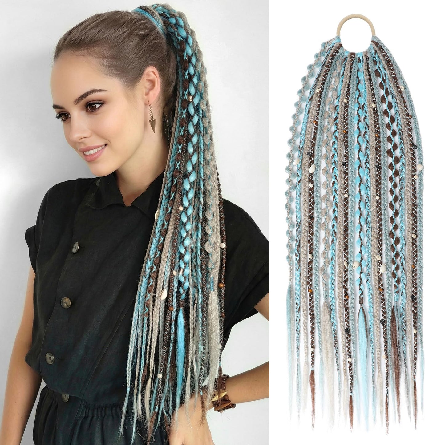 Boho Braided Ponytail Extension with Hair Tie, 24" Long Viking Dreadlock Beads Ponytail Hand-braided Braids Hair Extensions Lightweight Natural Synthetic Hairpiece for Festival Cosplay