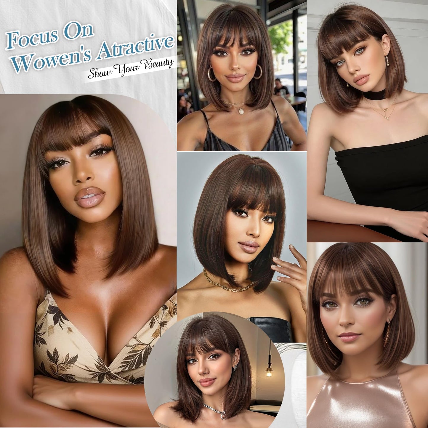 Bob Wig with Bangs-12'' Short Straight Bob Wigs for Women Super Soft and Easy to Wear, Colorful Synthetic Wig for Daily, Cosplay, Halloween