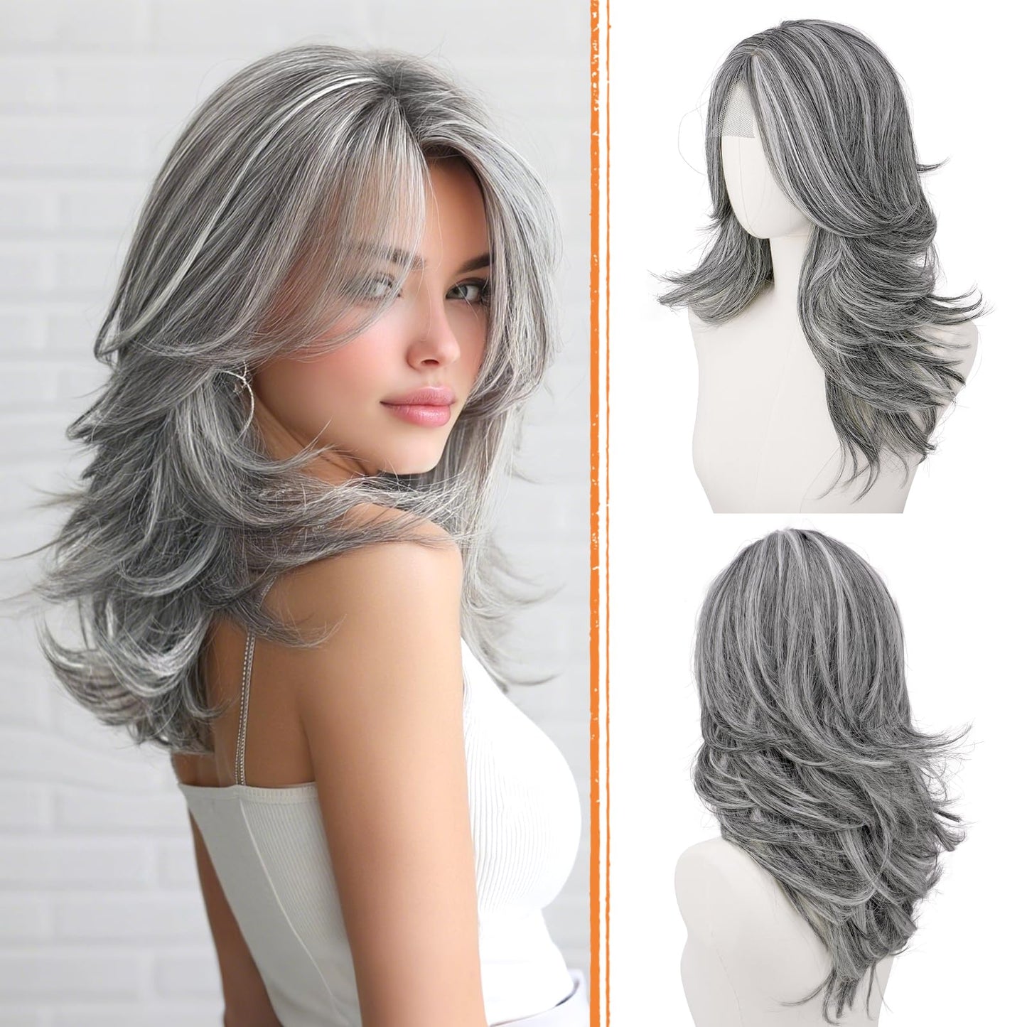 Layered Wigs with Curtain Bangs Lace Front Hairline Long Wavy Natural Looking Middle Part Synthetic Hair Wig for Women Daily Party Costume, 20 Inch
