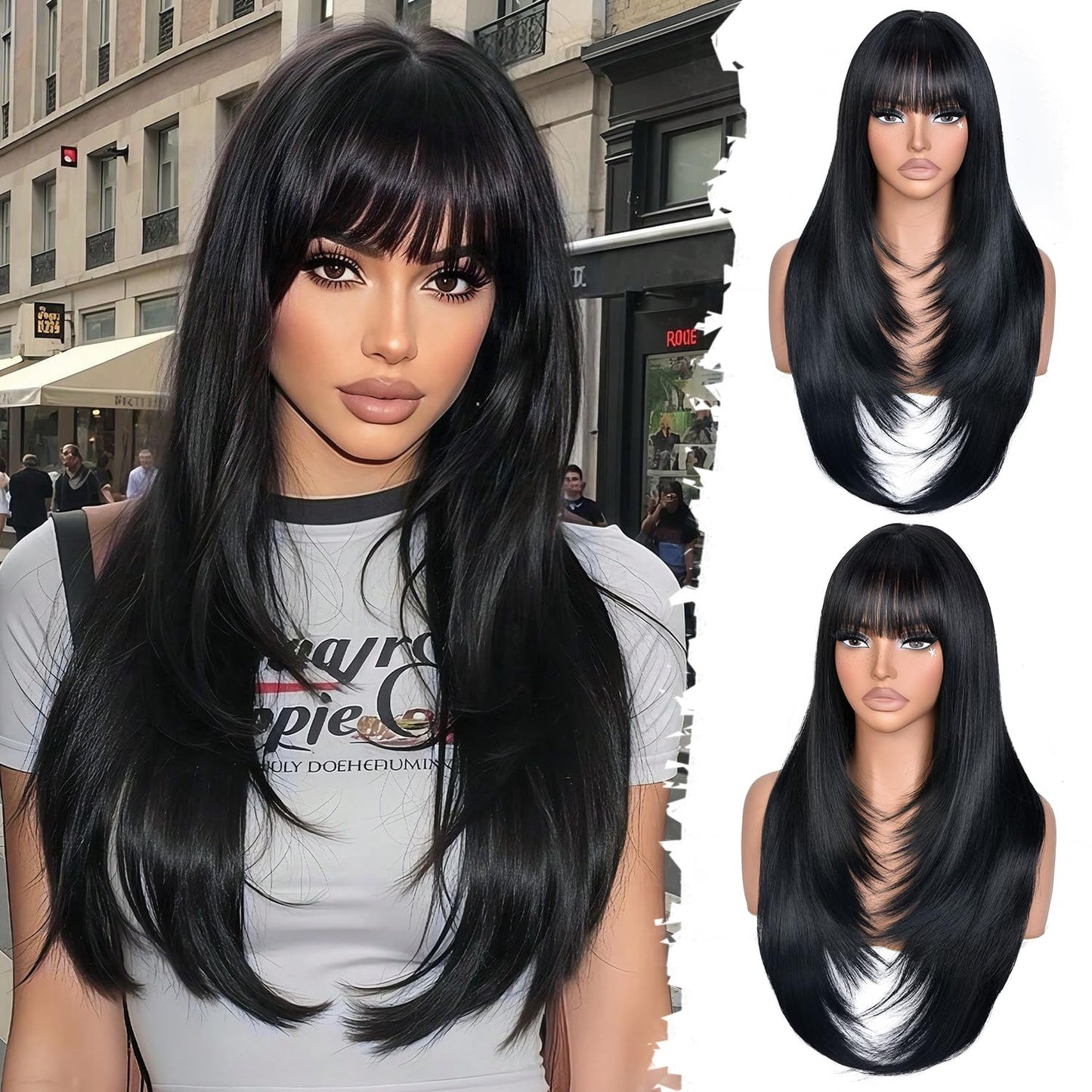 Long Layered Wig with Bangs for Women Synthetic Heat Resistant Realistic Scalp Free Parting Bang Wigs for Daily and Party Use