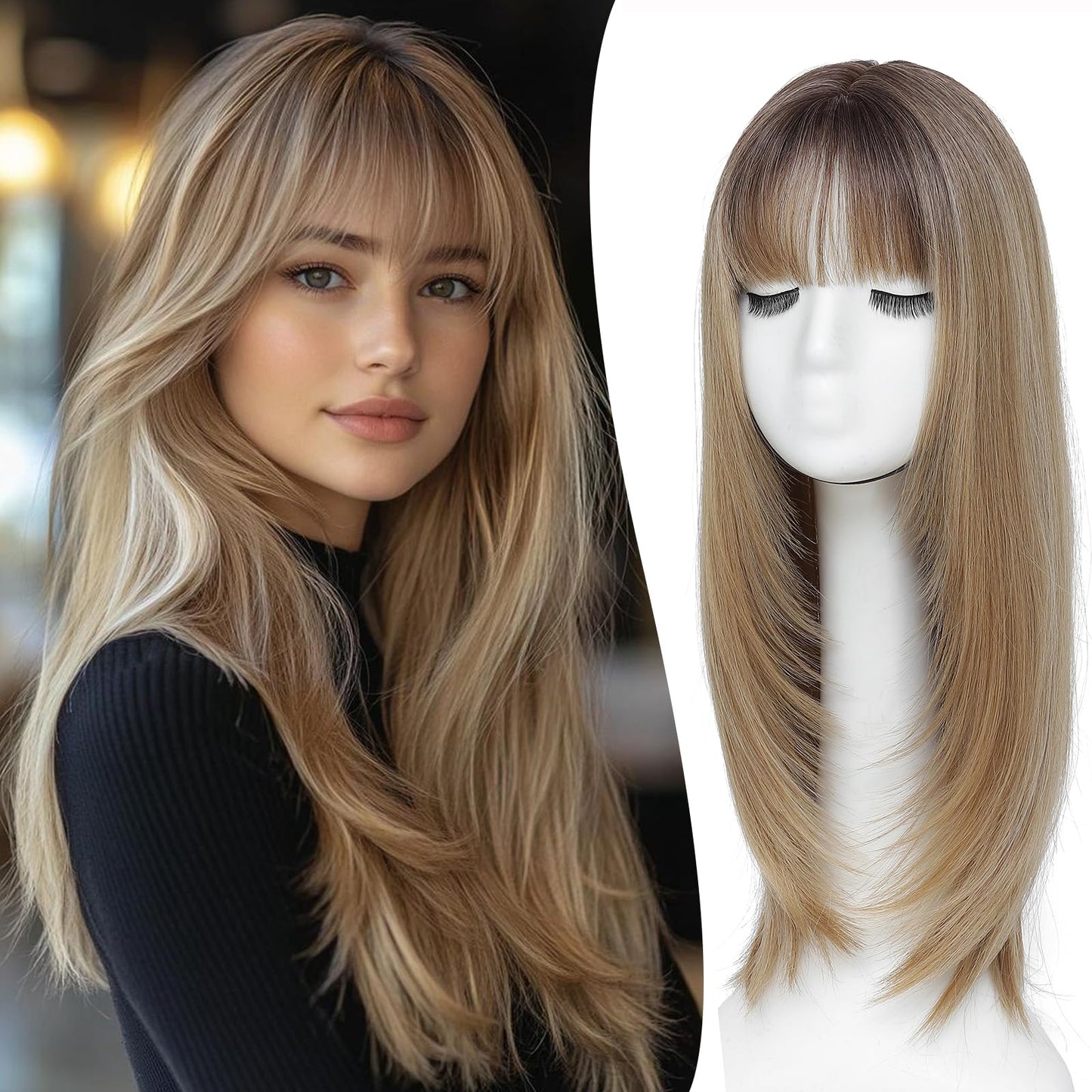 Hair Topper,360° 3D Hair Toppers for Women with Thinning,7"X 8" Large Base 22 Inch Long Layered Synthetic Wig with Bangs for Daily Use