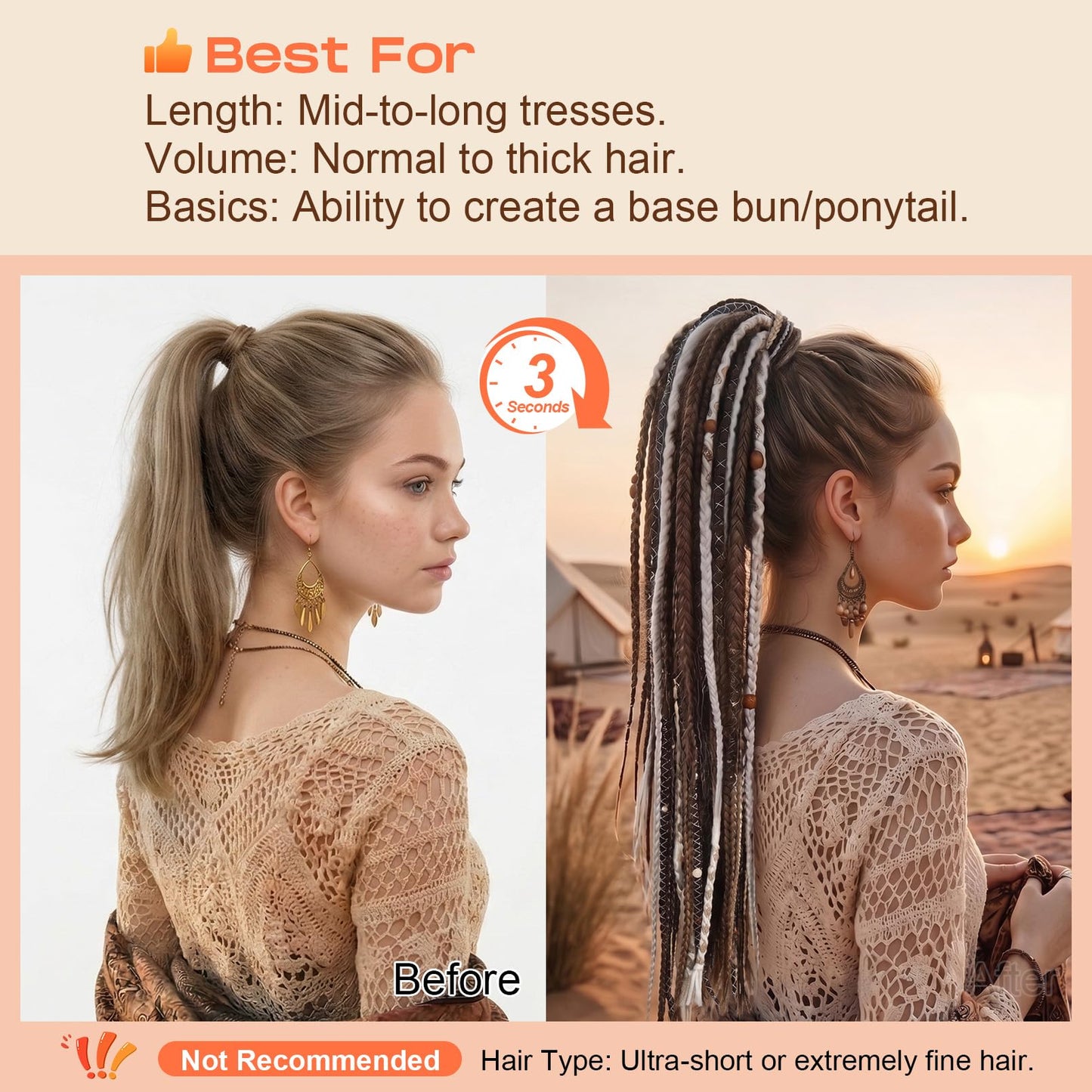 Boho Braided Ponytail Extension with Hair Tie, 24" Long Viking Dreadlock Beads Ponytail Hand-braided Braids Hair Extensions Lightweight Natural Synthetic Hairpiece for Festival Cosplay