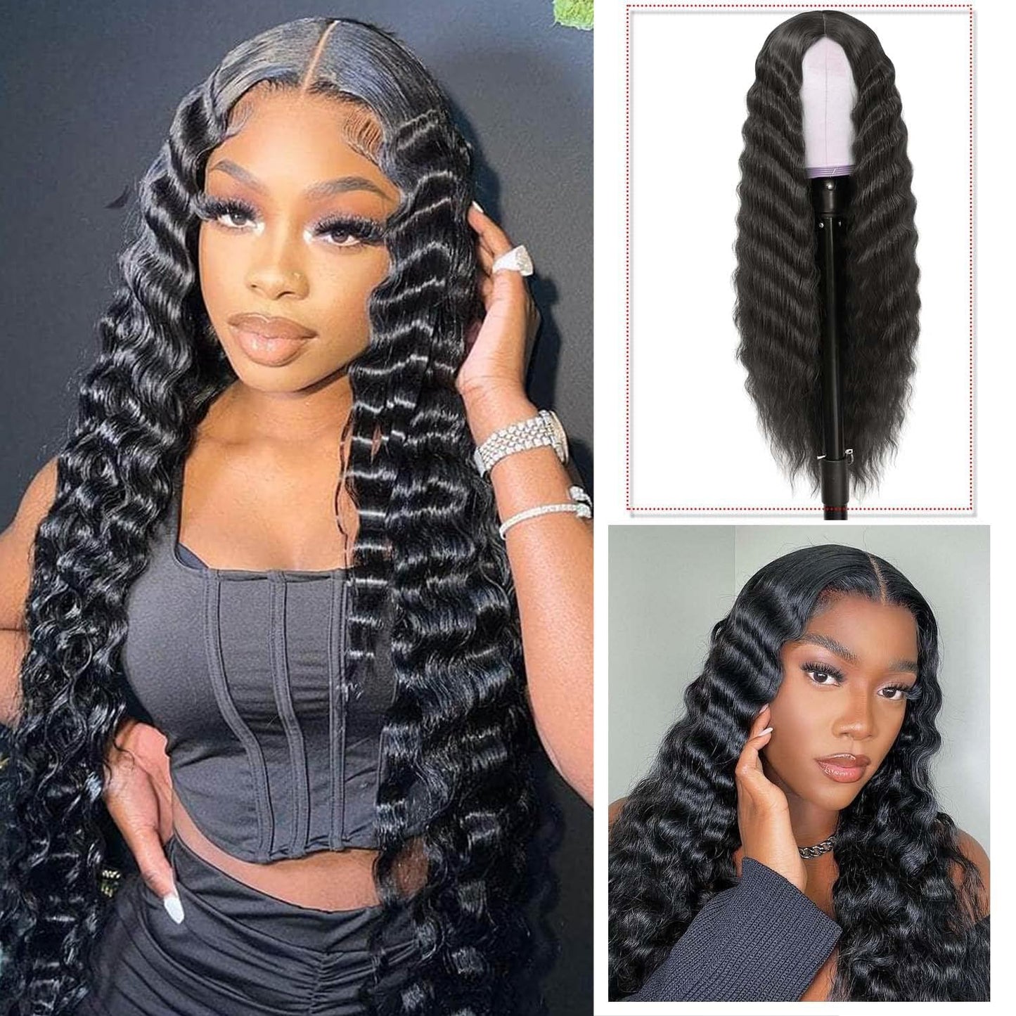 30 Inch Synthetic curly wig loose deep wave lace frontal wig middle part