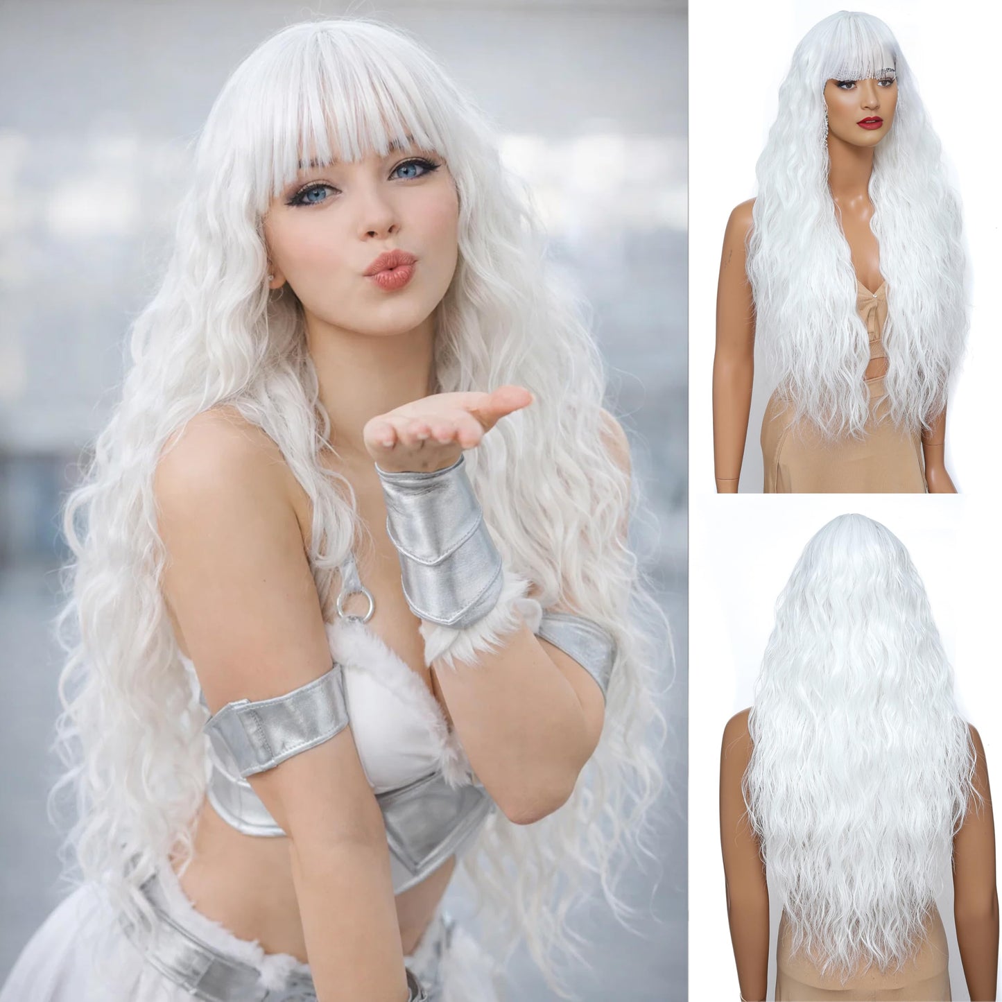 XC CLOUDS Long Wavy Wig with Bangs for Women,Wig Long Bangs Wig,Natural Looking Synthetic Heat Resistant Hair