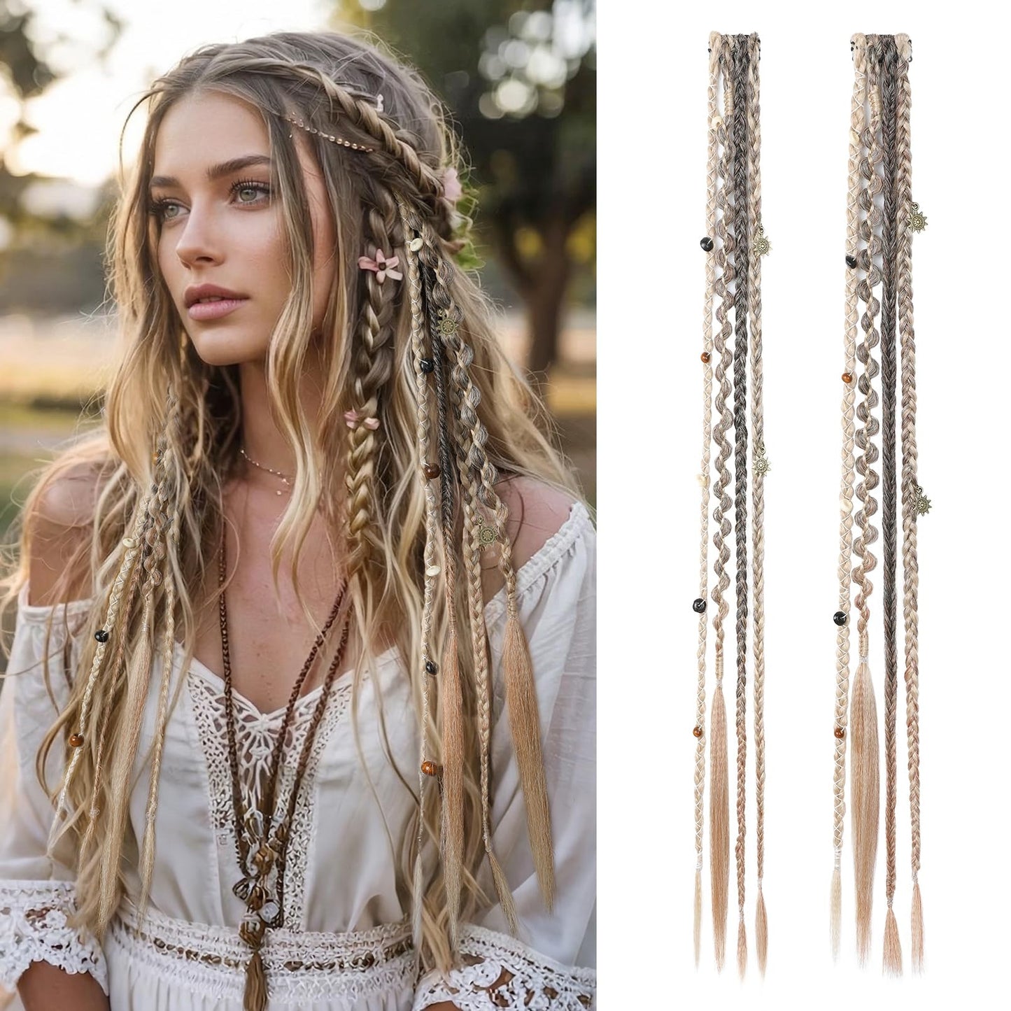 Clip in Braids for Women, 16" Boho Dreadlock Clip in Braids with Beads & Charms, 2PCS Handmade Synthetic Braided Hairpieces for Cosplay Daily Styling Music Festival