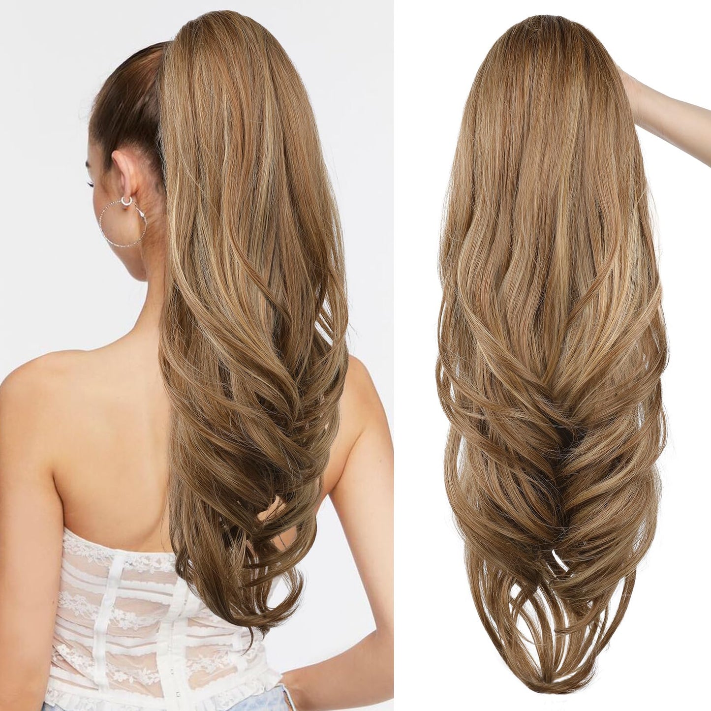 Drawstring Ponytail Extension, Long Wavy Multi Layered Clip in Ponytail Hair Extensions Stand Up High Fake Pony Tail Soft Natural Synthetic Hairpiece
