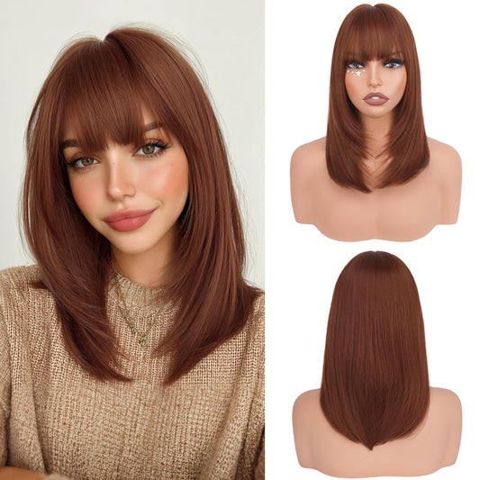Bob Wigs with Bangs Shoulder Length Straight Natural Looking Synthetic Heat Resistant Medium Hair Wigs for Women Daily Party, 16 Inch