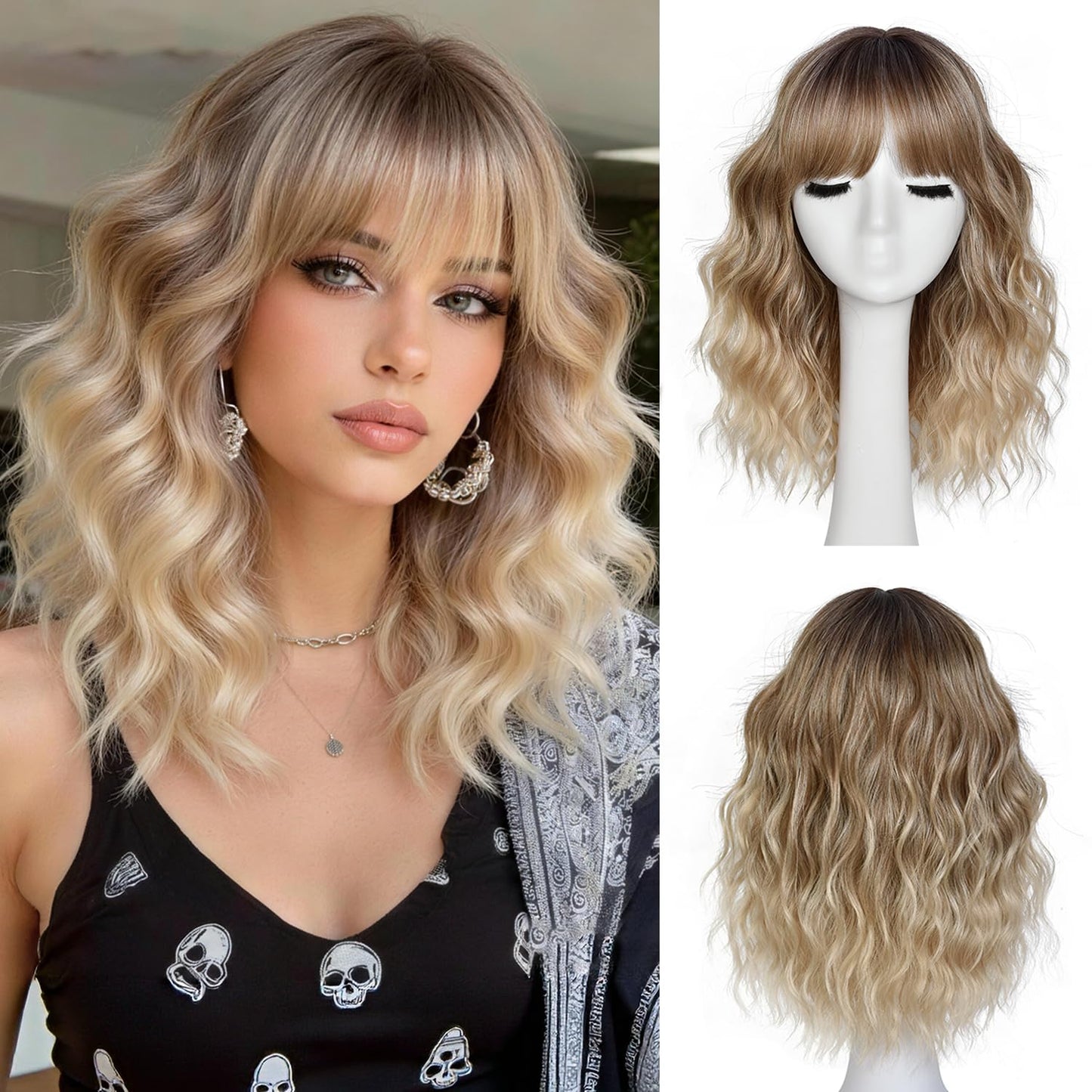 Short Wavy Wig with Bangs for Women