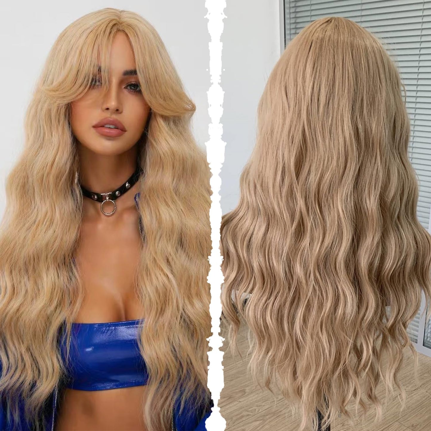 XC CLOUDS Synthetic 28 inch body wave wigs with curtain Bangs, 4 * 2 hand Tied Forehead Simulated Lace Scalp,Natural Wavy Synthetic Heat Resistant hair middle part wigs,Daily Cosplay Friendly