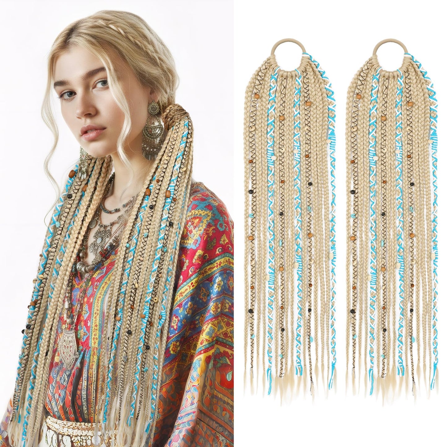Boho Braided Ponytail Extension with Hair Tie, 24" Long Viking Dreadlock Beads Ponytail Hand-braided Braids Hair Extensions Lightweight Natural Synthetic Hairpiece for Festival Cosplay