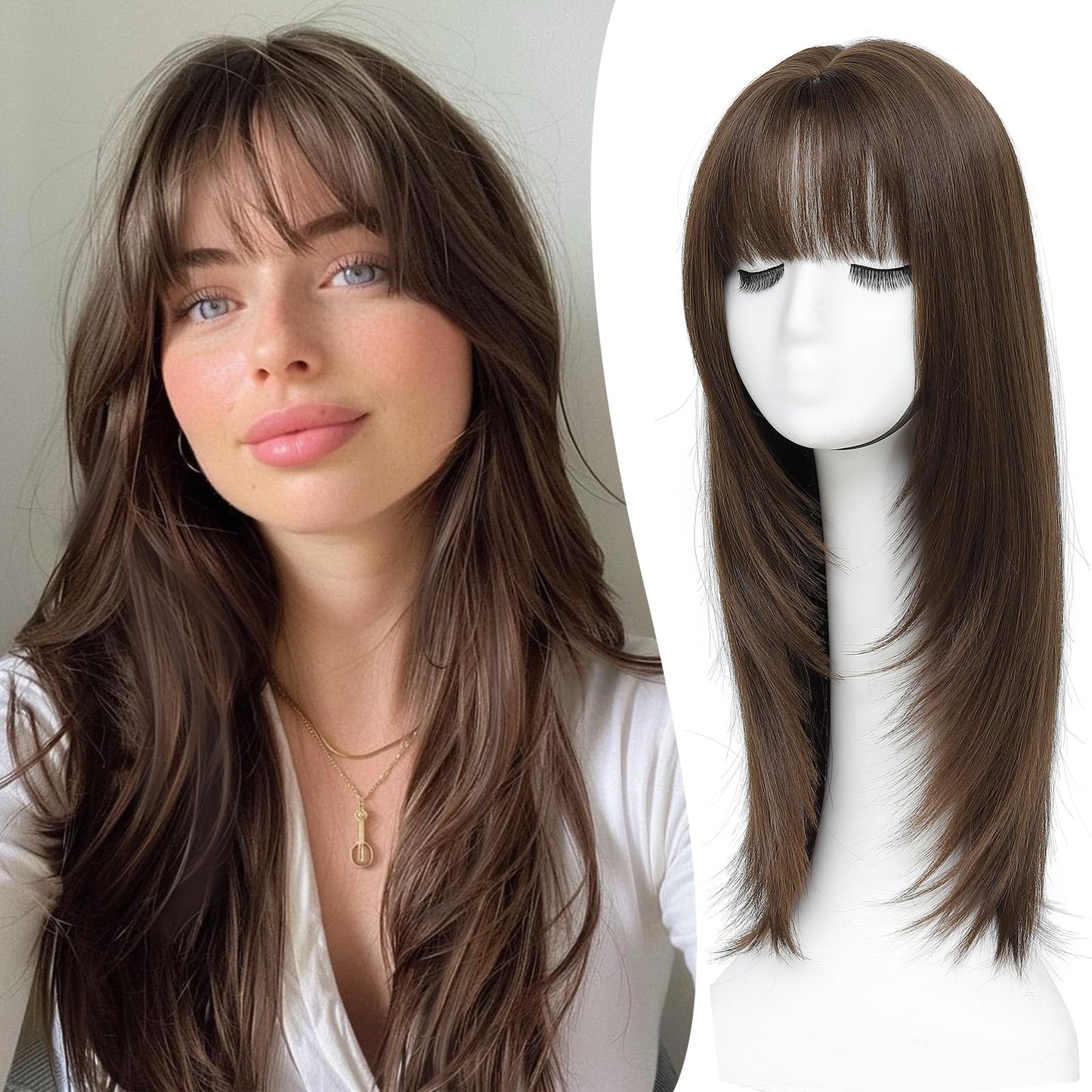 Hair Topper,360° 3D Hair Toppers for Women with Thinning,7"X 8" Large Base 22 Inch Long Layered Synthetic Wig with Bangs for Daily Use
