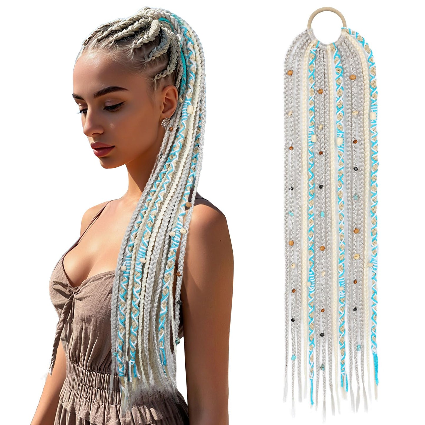 Boho Braided Ponytail Extension with Hair Tie, 24" Long Viking Dreadlock Beads Ponytail Hand-braided Braids Hair Extensions Lightweight Natural Synthetic Hairpiece for Festival Cosplay