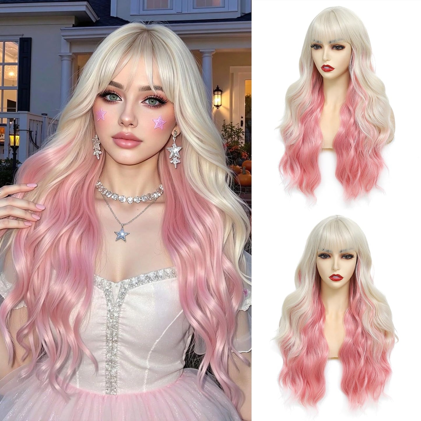 Wig With Bangs Long Wavy Curly Wig with Synthetic Heat Resistant Wigs for Women Daily Party Use