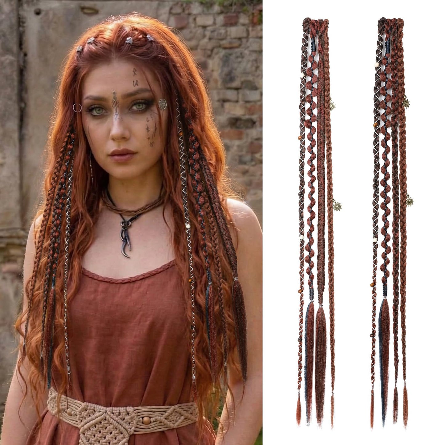 Clip in Braids for Women, 16" Boho Dreadlock Clip in Braids with Beads & Charms, 2PCS Handmade Synthetic Braided Hairpieces for Cosplay Daily Styling Music Festival