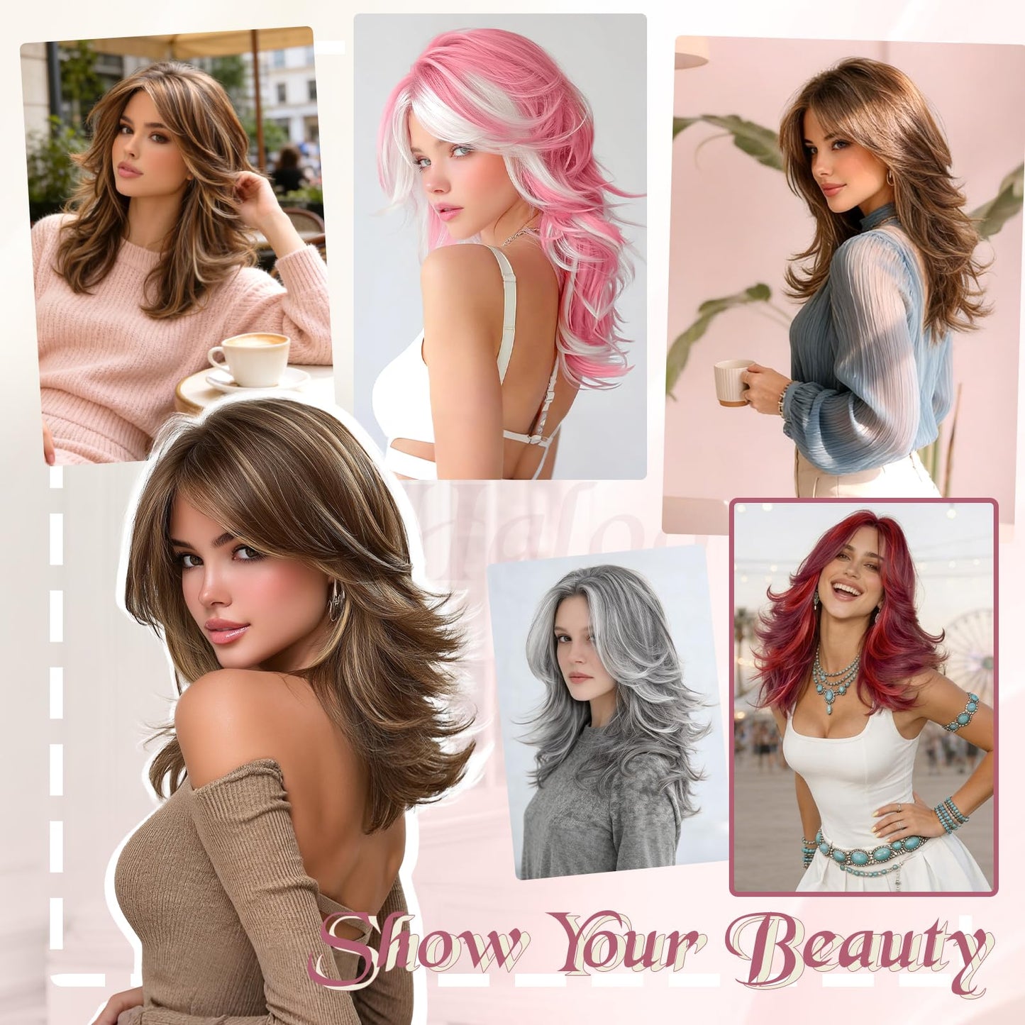 Layered Wigs with Curtain Bangs Lace Front Hairline Long Wavy Natural Looking Middle Part Synthetic Hair Wig for Women Daily Party Costume, 20 Inch