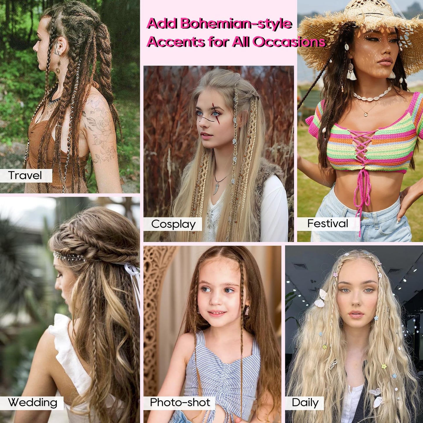 Clip in Braids for Women, 16" Boho Dreadlock Clip in Braids with Beads & Charms, 2PCS Handmade Synthetic Braided Hairpieces for Cosplay Daily Styling Music Festival