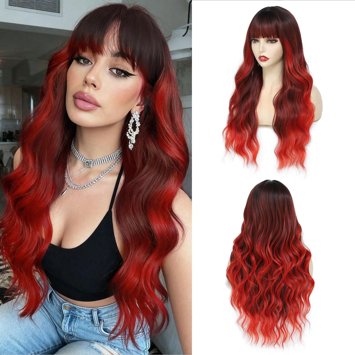 Wig With Bangs Long Wavy Curly Wig with Synthetic Heat Resistant Wigs for Women Daily Party Use