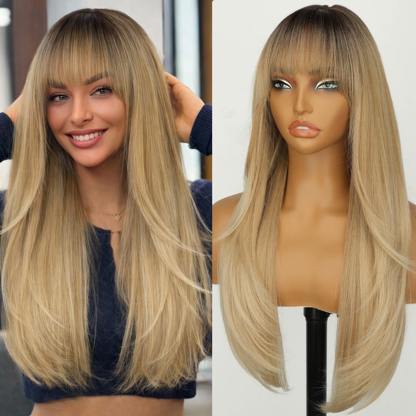 26" Long Layered Wig for Women with Bangs | Realistic Scalp | Freestyle Parting | Heat-Resistant Synthetic Hair
