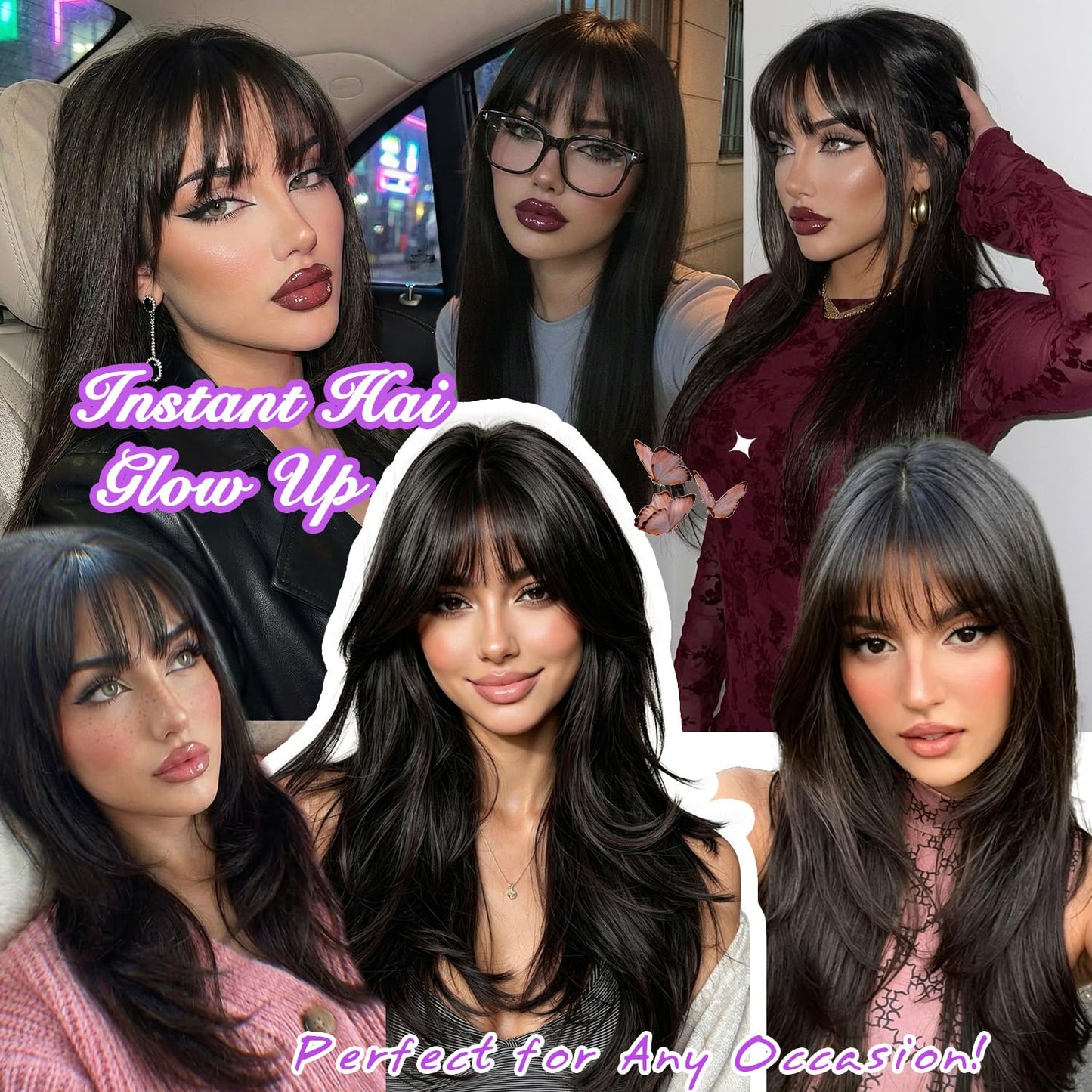 Long Layered Wig with Bangs for Women Synthetic Heat Resistant Realistic Scalp Free Parting Bang Wigs for Daily and Party Use
