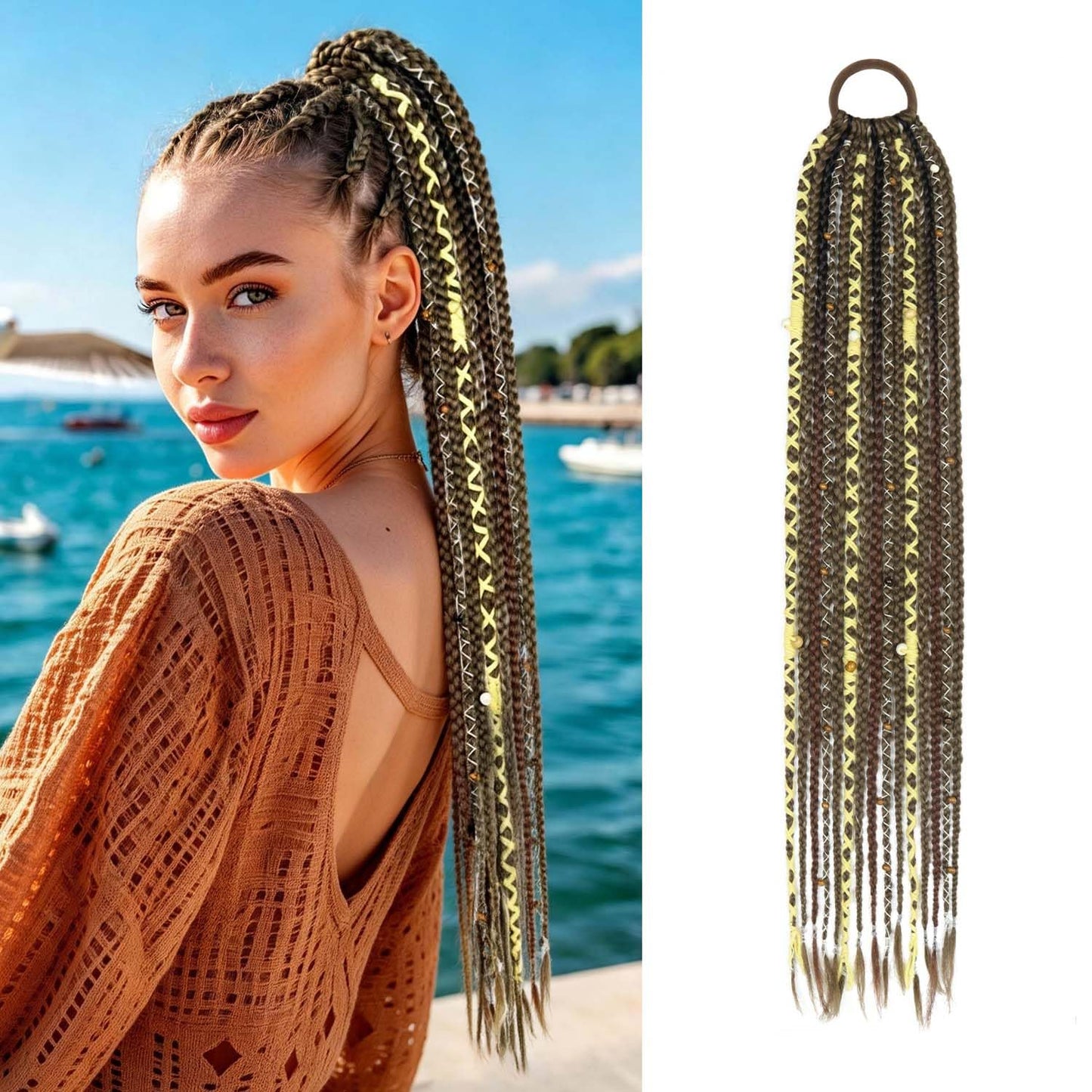 24" Boho Braided Ponytail Extension with Hair Ties, Hand-braided fashionable Long Viking Dreadlock Beads Ponytail Synthetic Hairpiece