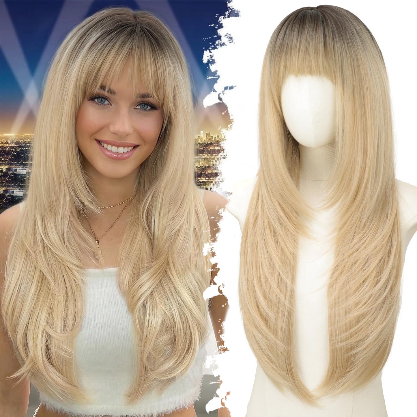 Long Wig with Bangs for Women,Layered Hairstyle Synthetic Heat Resistant for Daily Party Use