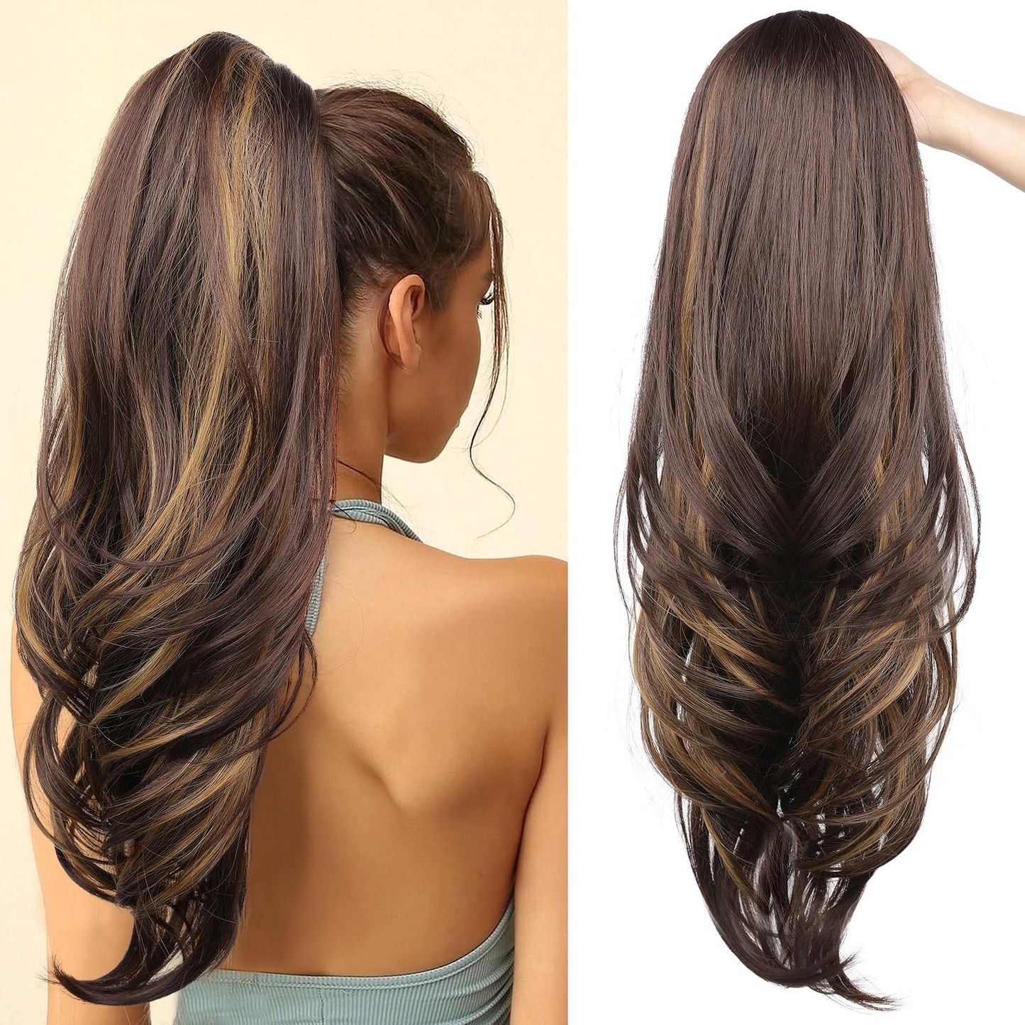 Drawstring Ponytail Extension, Long Wavy Multi Layered Clip in Ponytail Hair Extensions Stand Up High Fake Pony Tail Soft Natural Synthetic Hairpiece