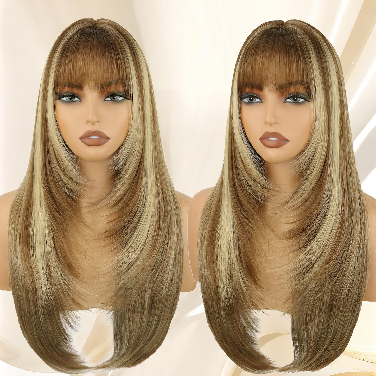 Long Straight Layered Wig with Bangs for Women