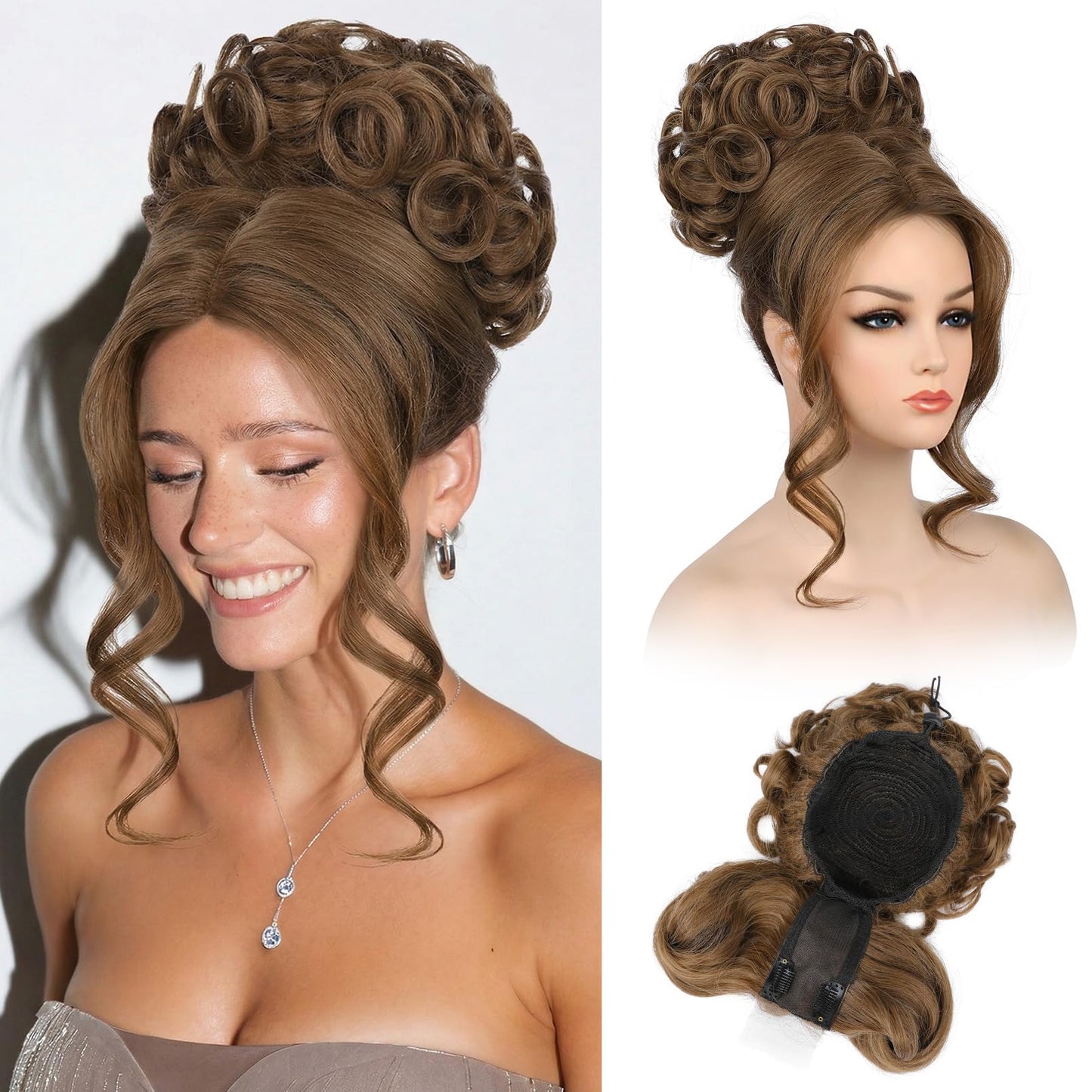 Bun Hair Piece with Bangs - 2-in-1 Hair Bun Hairpieces Curly Updo Wig & Hair Topper with Long Side Bangs Natural-Looking Drawstring Ponytail Extension for Women