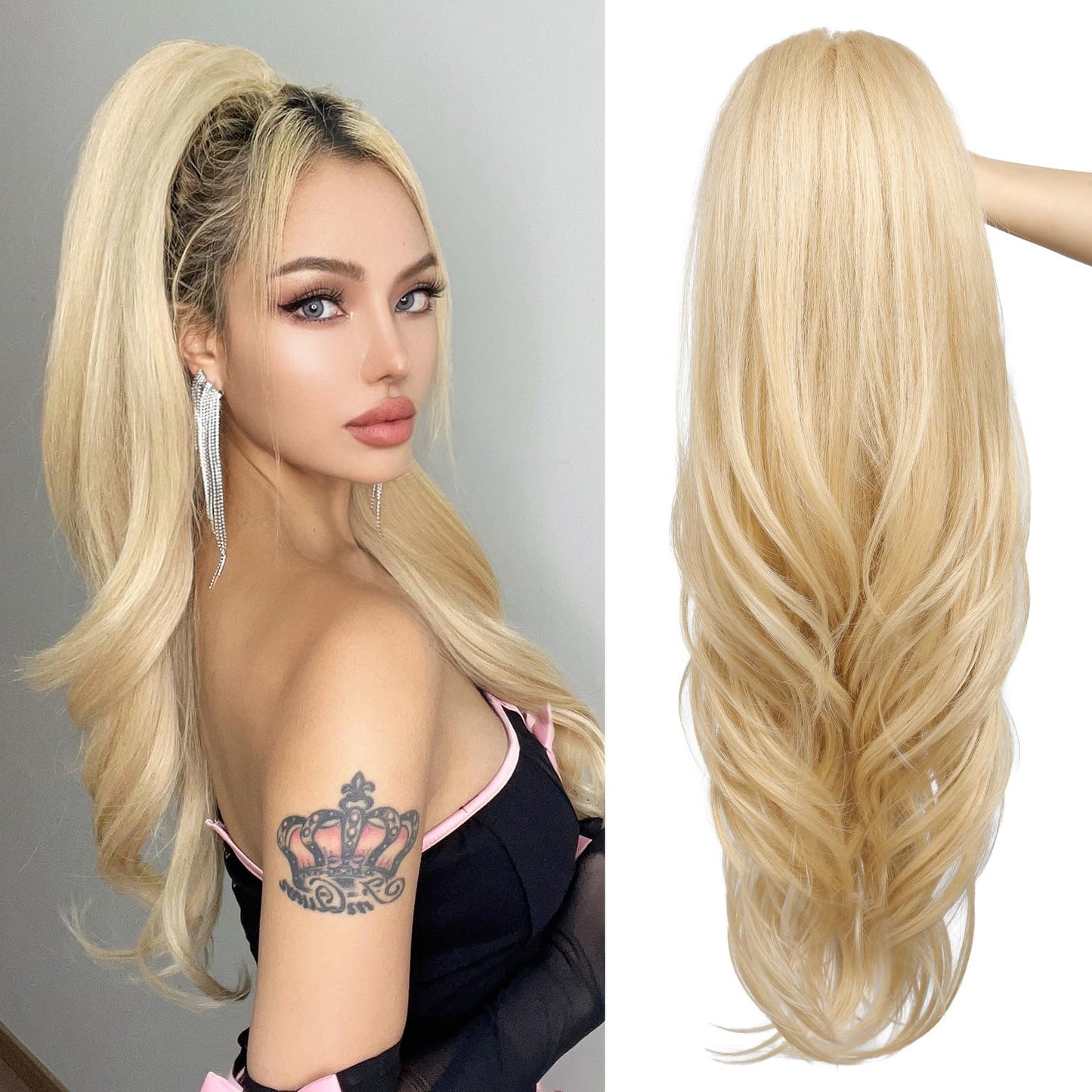 Drawstring Ponytail Extension, Long Wavy Multi Layered Clip in Ponytail Hair Extensions Stand Up High Fake Pony Tail Soft Natural Synthetic Hairpiece