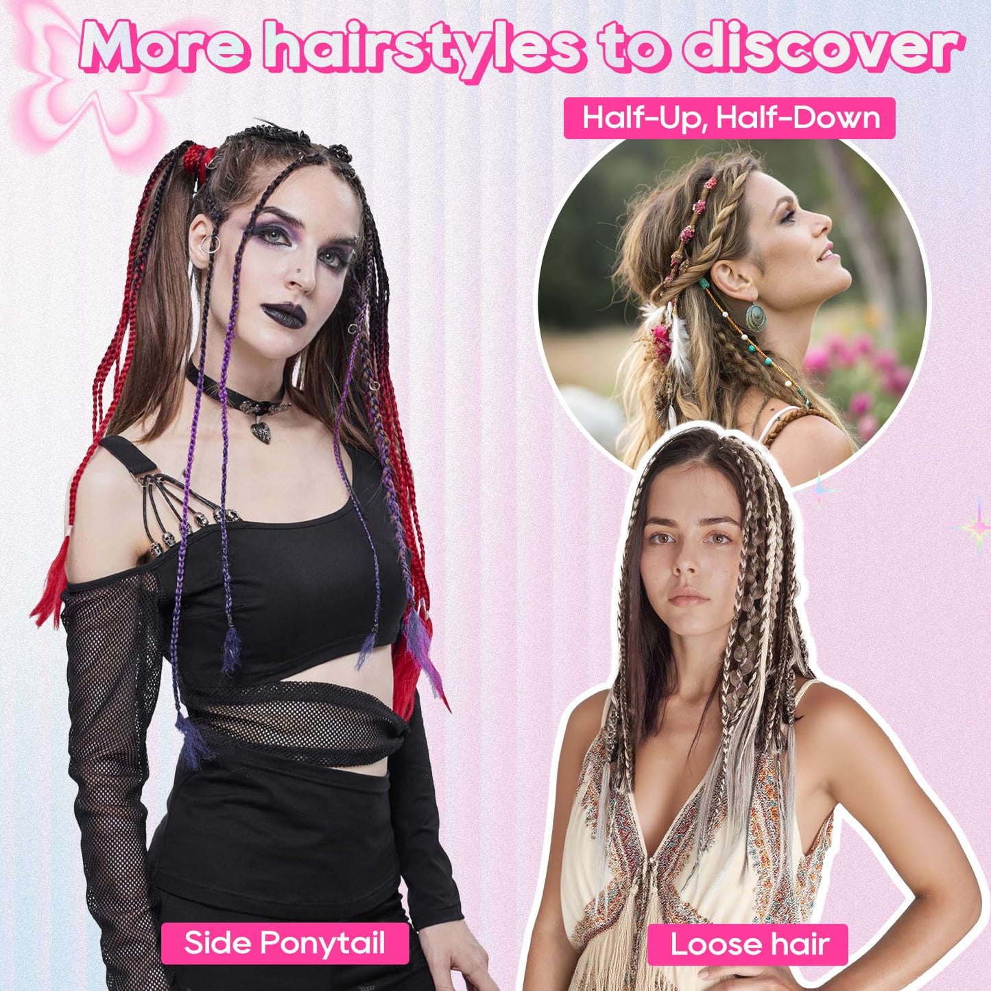 Clip in Braids for Women, 16" Boho Dreadlock Clip in Braids with Beads & Charms, 2PCS Handmade Synthetic Braided Hairpieces for Cosplay Daily Styling Music Festival