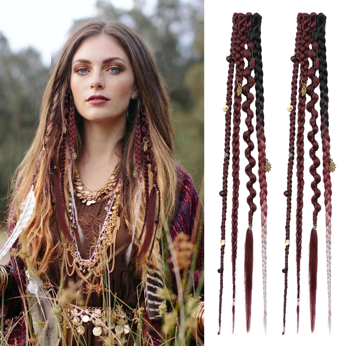 Clip in Braids for Women, 16" Boho Dreadlock Clip in Braids with Beads & Charms, 2PCS Handmade Synthetic Braided Hairpieces for Cosplay Daily Styling Music Festival