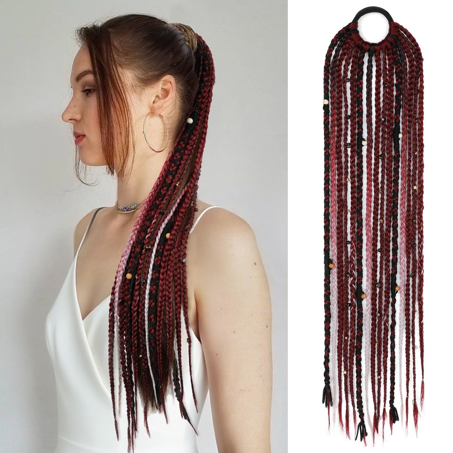 Boho Braided Ponytail Extension with Hair Tie, 24" Long Viking Dreadlock Beads Ponytail Hand-braided Braids Hair Extensions Lightweight Natural Synthetic Hairpiece for Festival Cosplay