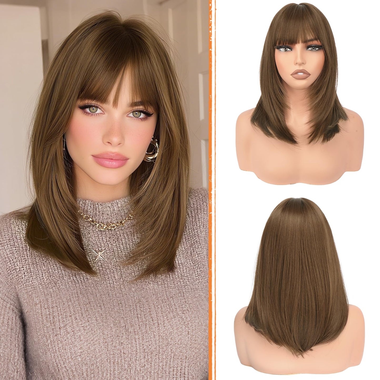 Bob Wigs with Bangs Shoulder Length Straight Natural Looking Synthetic Heat Resistant Medium Hair Wigs for Women Daily Party, 16 Inch