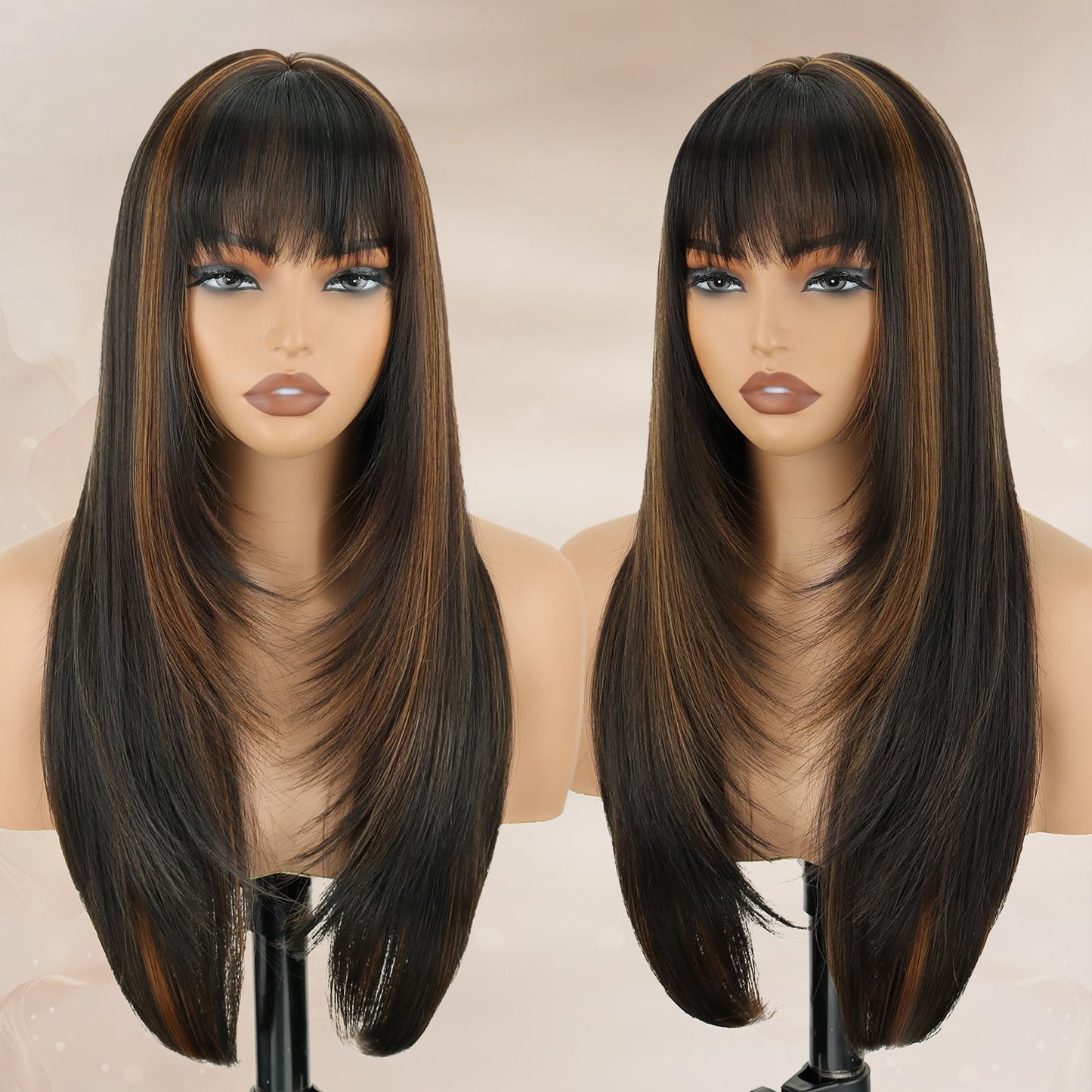 Long Straight Layered Wig with Bangs for Women