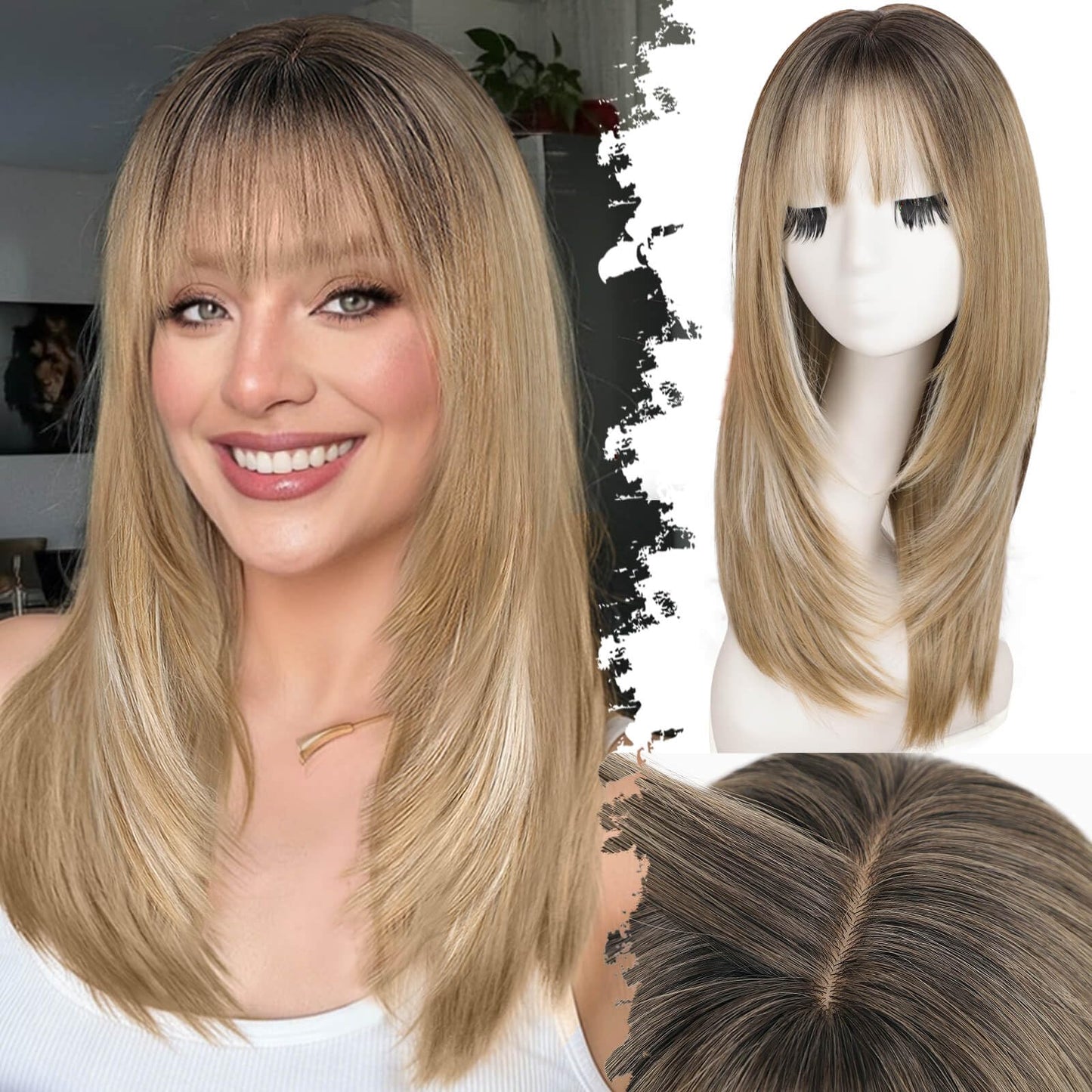Beginner-Friendly Wig with Bangs for Women Ash Blonde Mix Platinum Highlights Straight Face-Framing Layers Hairstyle 4x4 Realistic Scalp Glueless Synthetic Wigs Medium Length for Everyday Use