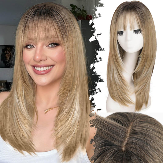 Beginner-Friendly Wig with Bangs for Women Ash Blonde Mix Platinum Highlights Straight Face-Framing Layers Hairstyle 4x4 Realistic Scalp Glueless Synthetic Wigs Medium Length for Everyday Use
