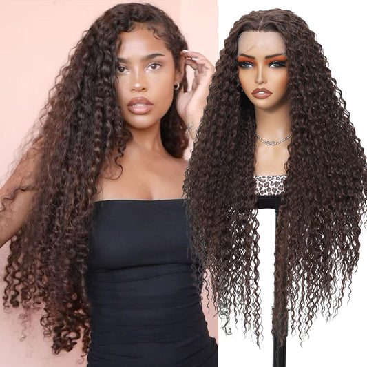 Deep Wave Synthetic Lace Front Wigs Long Curly Wigs for Women 34 inch Natural Looking Middle Wig for Daily Party Use