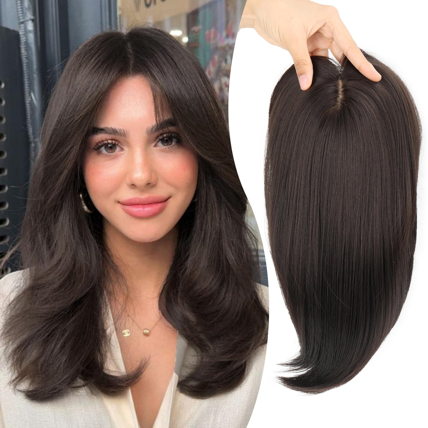 XC CLOUDS Synthetic Hair Topper with Bangs 14 Inch Hair Toppers for Women 5.5" x 5" hand Tied Forehead Hairline 360° 3D Cover Wispy Synthetic hair toppers for thinning hair in Blunt Wispy Bangs