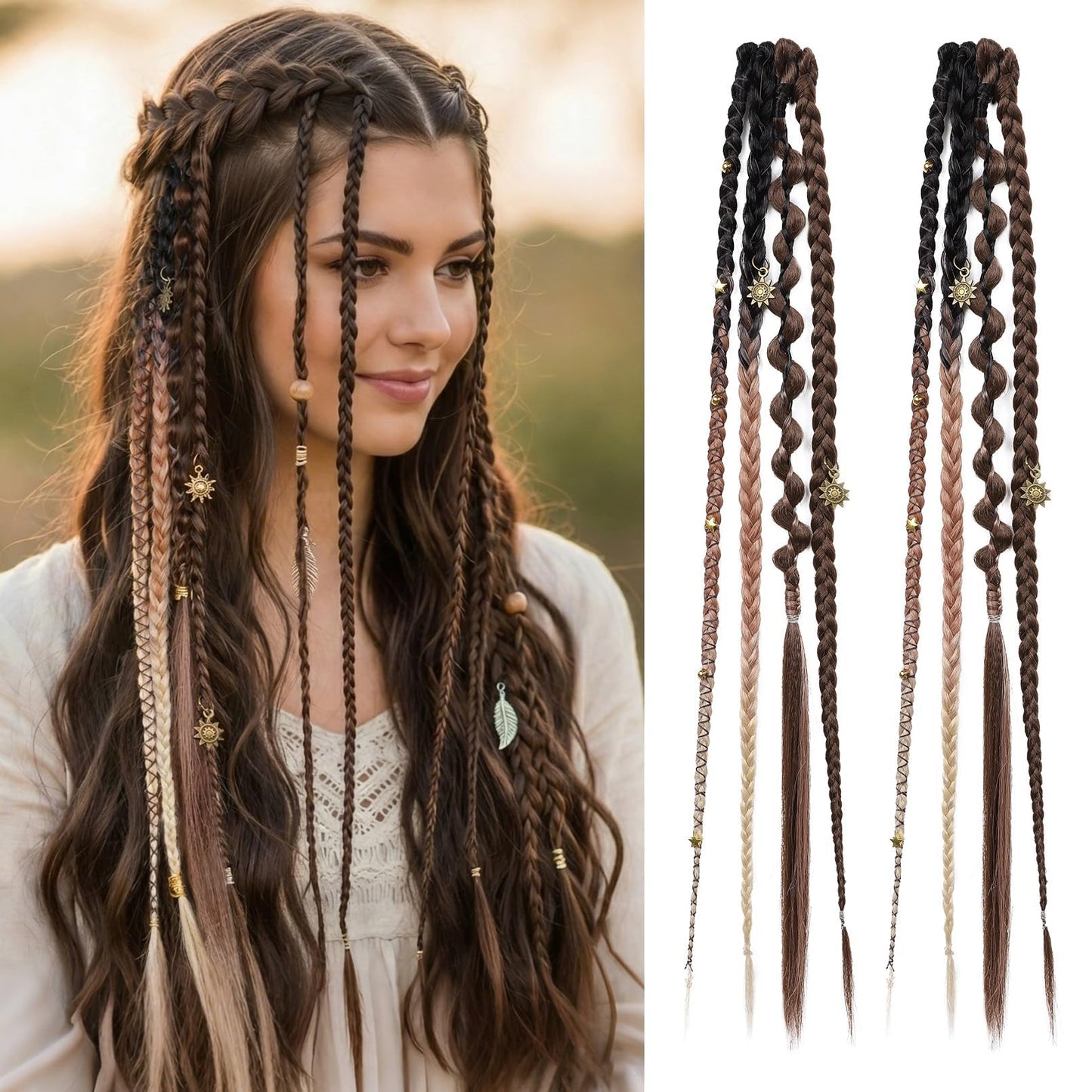 Clip in Braids for Women, 16" Boho Dreadlock Clip in Braids with Beads & Charms, 2PCS Handmade Synthetic Braided Hairpieces for Cosplay Daily Styling Music Festival