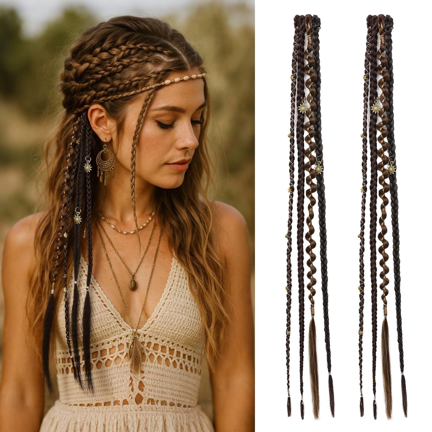 Clip in Braids for Women, 16" Boho Dreadlock Clip in Braids with Beads & Charms, 2PCS Handmade Synthetic Braided Hairpieces for Cosplay Daily Styling Music Festival