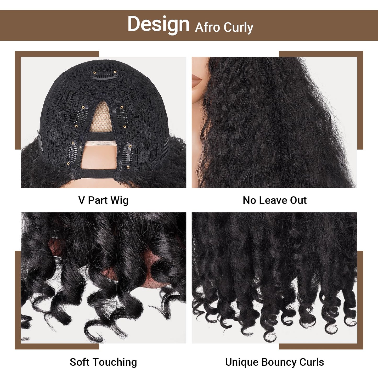 Afro Wig V Part Kinky Curly Wigs for Black Women, 180% Density Wear and Go Glueless Wig with Unique Bouncy Curls in the End, Synthetic No Leave out Clip in