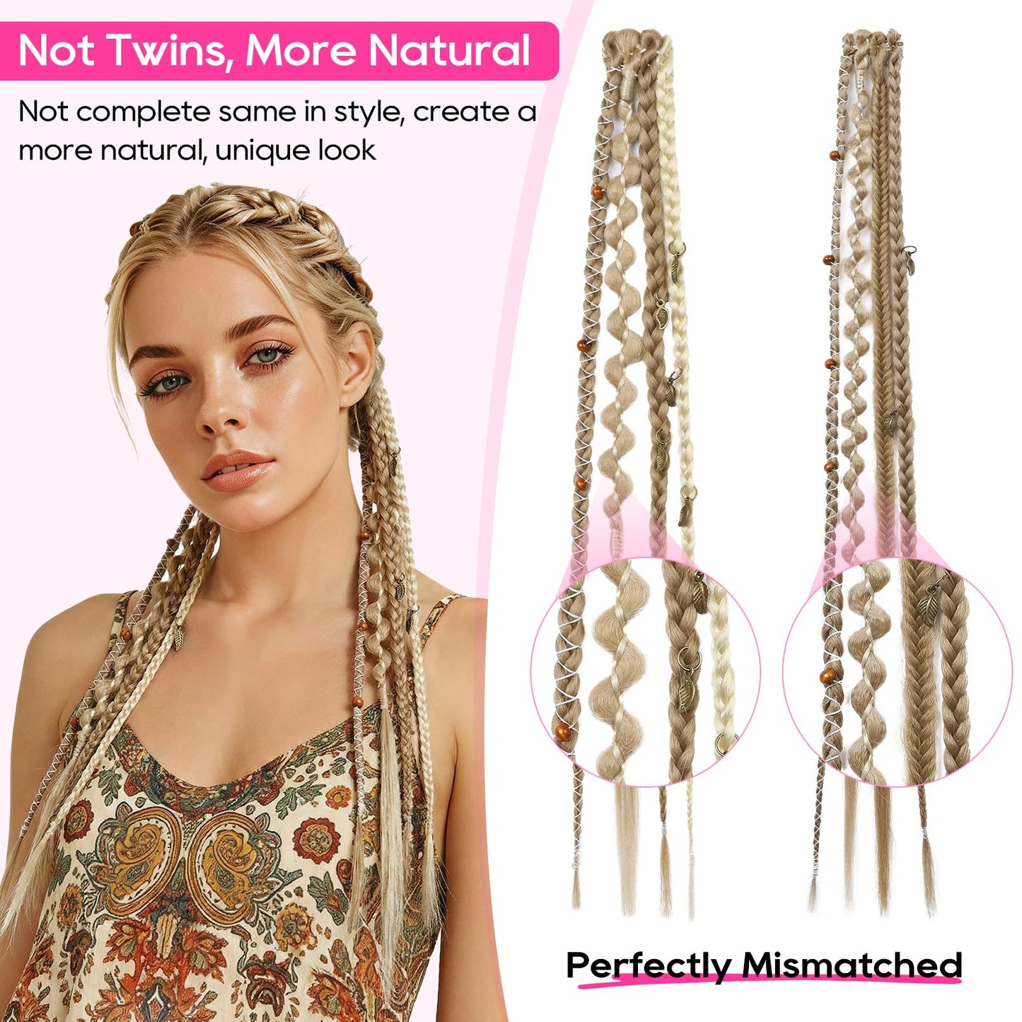 Clip in Braids for Women, 16" Boho Dreadlock Clip in Braids with Beads & Charms, 2PCS Handmade Synthetic Braided Hairpieces for Cosplay Daily Styling Music Festival