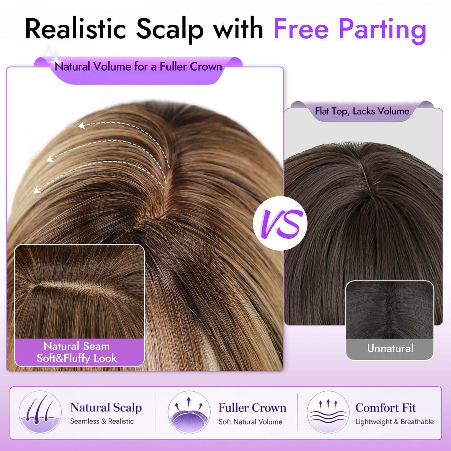 Wig with Bangs for Women Brown Blonde Highlight Straight Face-Framing Layers Hairstyle 4x4 Realistic Scalp Glueless Synthetic Wigs Medium Length for Everyday Use