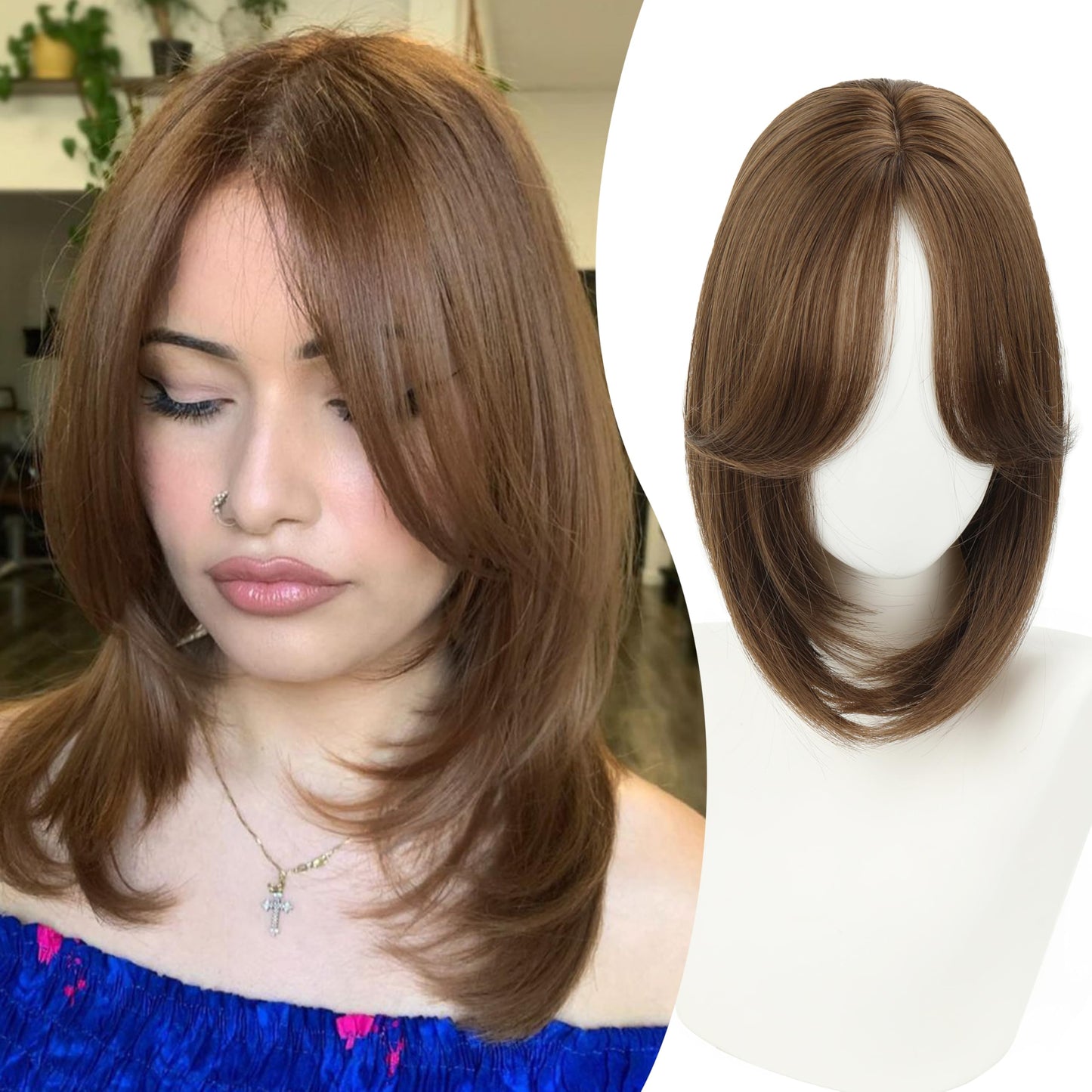 XC CLOUDS Synthetic Hair Topper with Bangs 14 Inch Hair Toppers for Women 5.5" x 5" hand Tied Forehead Hairline 360° 3D Cover Wispy Synthetic hair toppers for thinning hair in Blunt Wispy Bangs