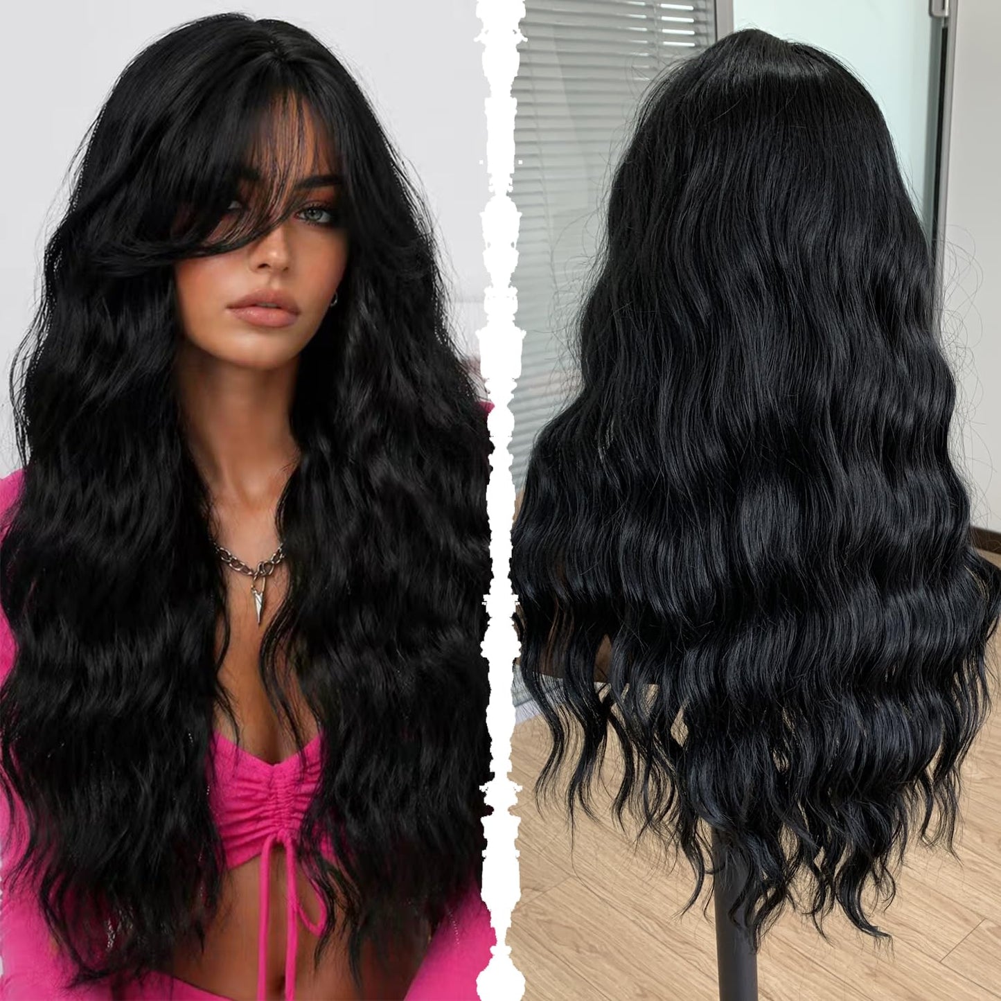 XC CLOUDS Synthetic 28 inch body wave wigs with curtain Bangs, 4 * 2 hand Tied Forehead Simulated Lace Scalp,Natural Wavy Synthetic Heat Resistant hair middle part wigs,Daily Cosplay Friendly