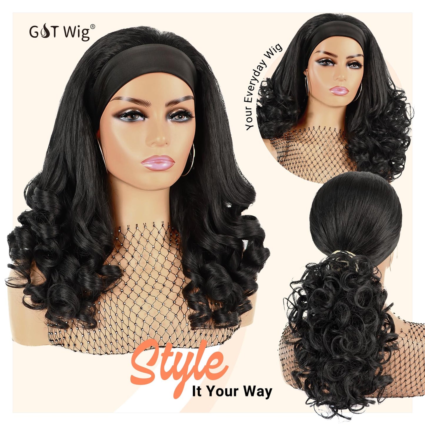 Wig Yaki Curly Headband Wigs for Black Women Kinky Straight Curly Headband Wigs Synthetic Wear and Go Glueless Half Wig for Daily Use (Black, 16inch)